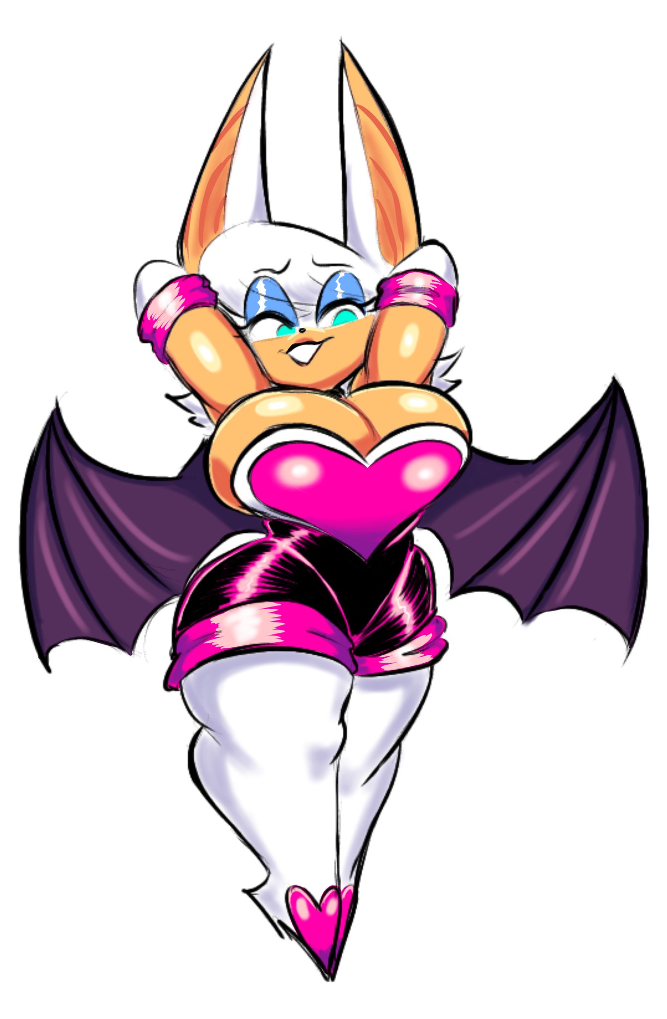 arms_up bat_wings big_breasts cleavage huge_breasts rouge_the_bat shortstack sonic_(series) theguywhodrawsalot thick_thighs wings