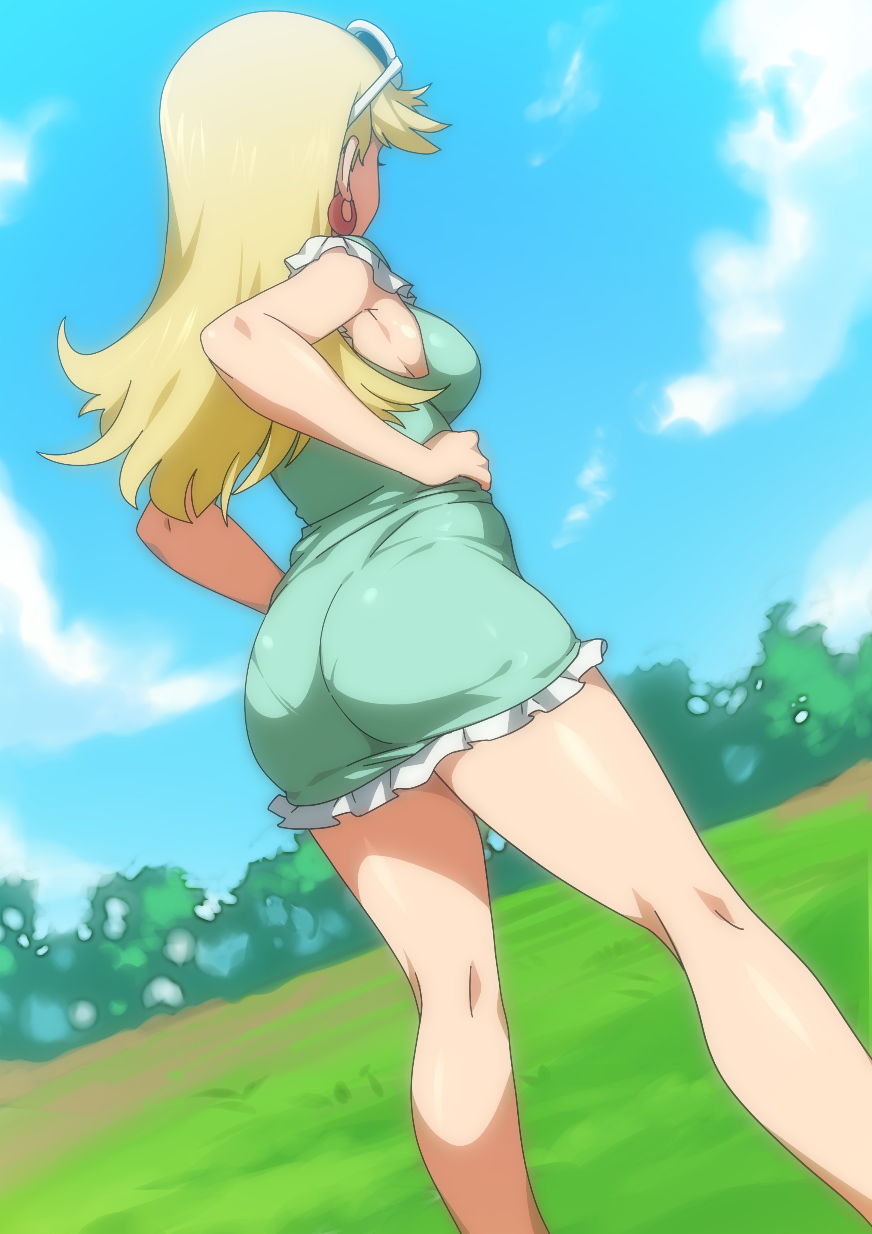 1girls, age difference, armpits, ass, back view, blonde hair, breasts, clothing, day, dress, earrings, female, female only, hands on hips, hoop earrings, jcm2, legs, leni loud, medium hair, minidress, nickelodeon, outside, pantylines, sideboob, solo, solo female, straight hair, sundress, sunglasses, sunglasses on head, the loud house, thick thighs, thighs