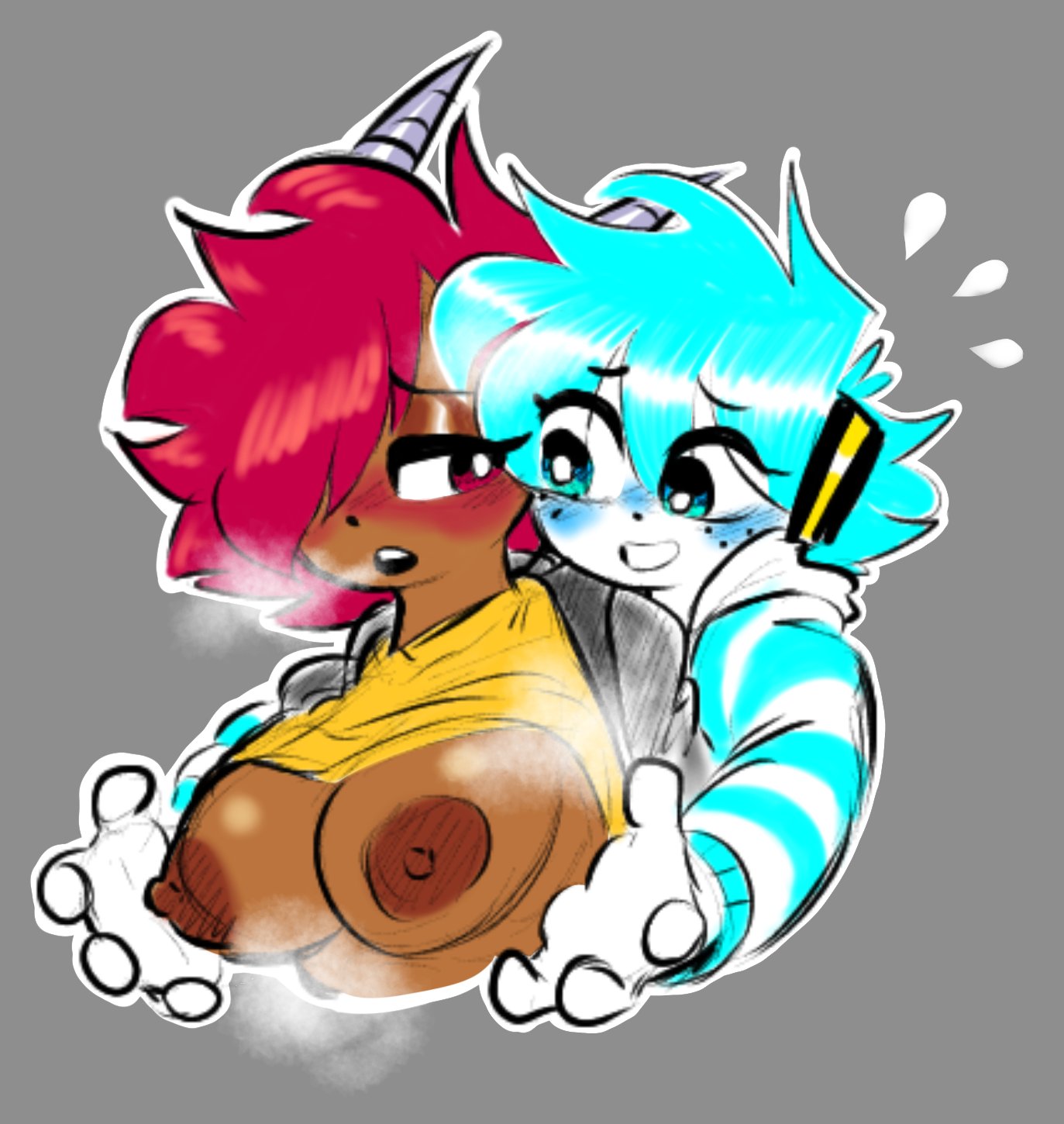 breasts female hands-free nipples penny_(theguywhodrawsalot) sara_(theguywhodrawsalot) shirt_up sweat theguywhodrawsalot