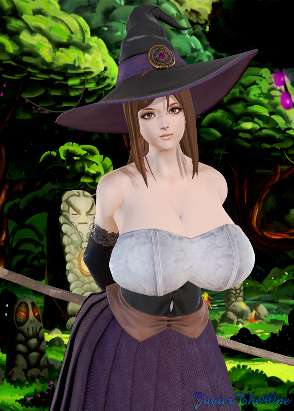 1girls 3d bimbo brown_hair cane dragon's_crown dress female female_only fully_clothed javiertheone long_skirt solo sorceress_(dragon's_crown) witch_hat