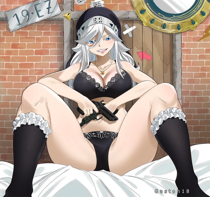 1girls alternate_version_available black_bra black_panties edens_zero gaston18 lingerie looking_at_viewer sister_ivry solo spread_legs spreading white_hair white_skin