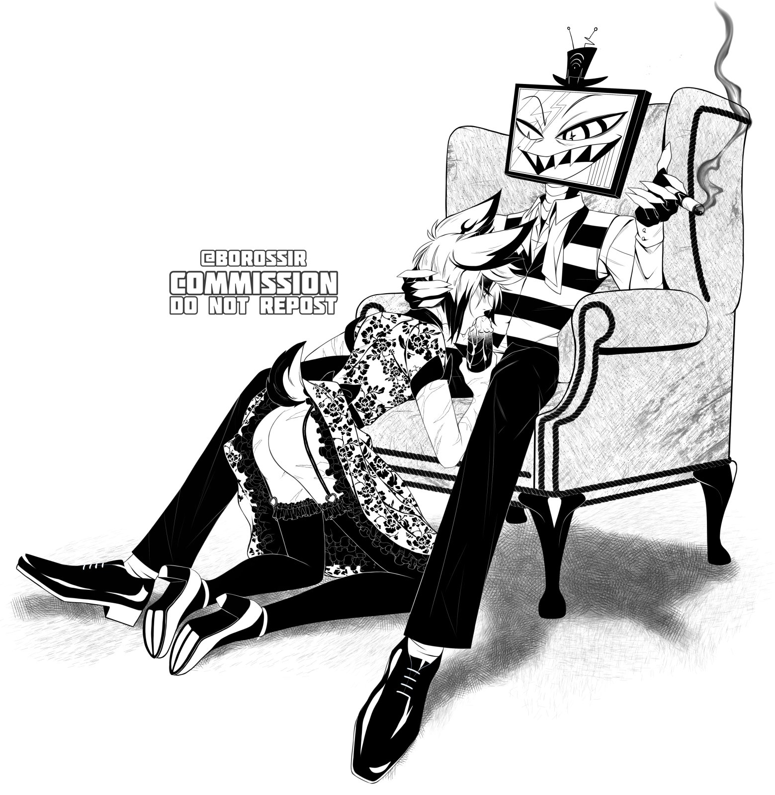 2boys, alastor (hazbin hotel), ass, between legs, blowjob, blush, borossir, cigar, clothed, cum, cum in mouth, cum inside, cum string, cum trail, cumming, deer, demon, dress, dress lift, erect penis, erection, fellatio, garter belt, hand on head, hand on penis, handjob, hazbin hotel, kneeling, looking down, looking pleasured, male, male only, male/male, on knees, oral, penis, scars, sharp teeth, sitting, smile, smiling, smoke, smooth skin, spread legs, tail, thighhighs, thighs, tv, unzipped, vivienne medrano, vivziepop, vox (hazbin hotel), yaoi