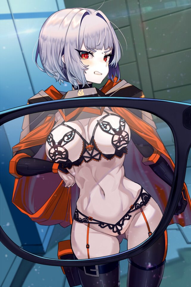 1girls annoyed black_bra black_garter_belt blush bob_cut bra cape disgusted first_person_view g-string garter_belt garter_straps glasses gritted_teeth lingerie lobotomy_corporation looking_at_viewer myo_(lobotomy_corporation) pov project_moon red_cape red_eyes red_garter_straps sakurai_energy short_hair short_white_hair skimpy thigh_strap tight_clothing toned_female white_hair x-ray x-ray_vision