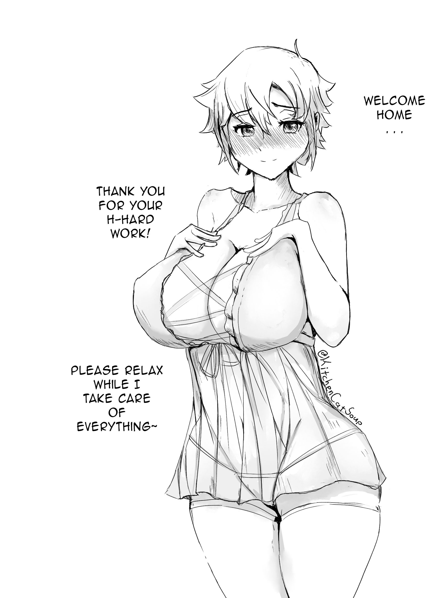 1girls, 2021, absurd res, artist name, bare arms, bare shoulders, big breasts, blush, breast suppress, breasts, cleavage, clothing, comforting, compliment, complimenting viewer, eyebrows visible through hair, female, female only, greyscale, hand on chest, highres, huge breasts, kitchencatsoup, lingerie, looking away, monochrome, navel, nervous, nightgown, original, panties, see-through, signature, simple background, smile, solo, standing, talking to viewer, text, thick thighs, thighhighs, thighs, twitter username, underwear, white background, wholesome