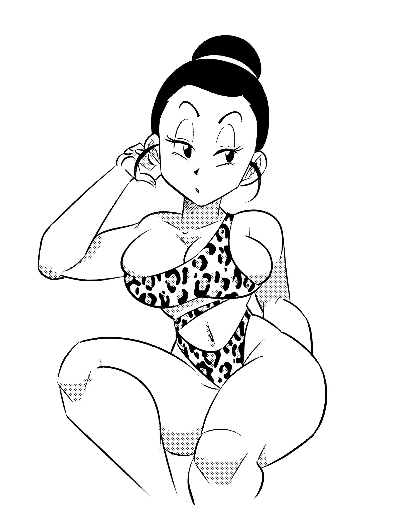 1girls, 2d, black and white, black hair, blank background, breasts, chichi, clothed, clothed female, clothing, dragon ball, dragon ball z, female, funsexydragonball, gilf, hair bun, large breasts, leopard print, milf, no eyewear, simple background, solo, swimsuit, thick thighs, white background, wide hips
