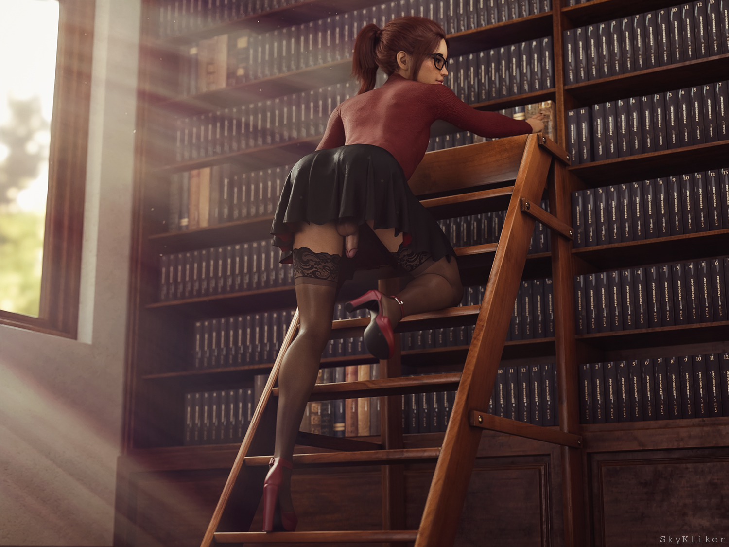 1boy, 3d, artist name, balls, casual exposure, casual nudity, cock-tail, exhibition, exhibitionism, exhibitionist, exposed, exposed penis, femboy, femboy only, feminine male, flashing, ginger, glasses, high heels, jessie (skykliker), lace, library, looking back, male, male only, no panties, original, original character, penis, penis under skirt, ponytail, public, public exposure, public nudity, pumps, rear view, red hair, redhead, shoes, skirt, skykliker, solo, stockings, testicles, trap, turtleneck