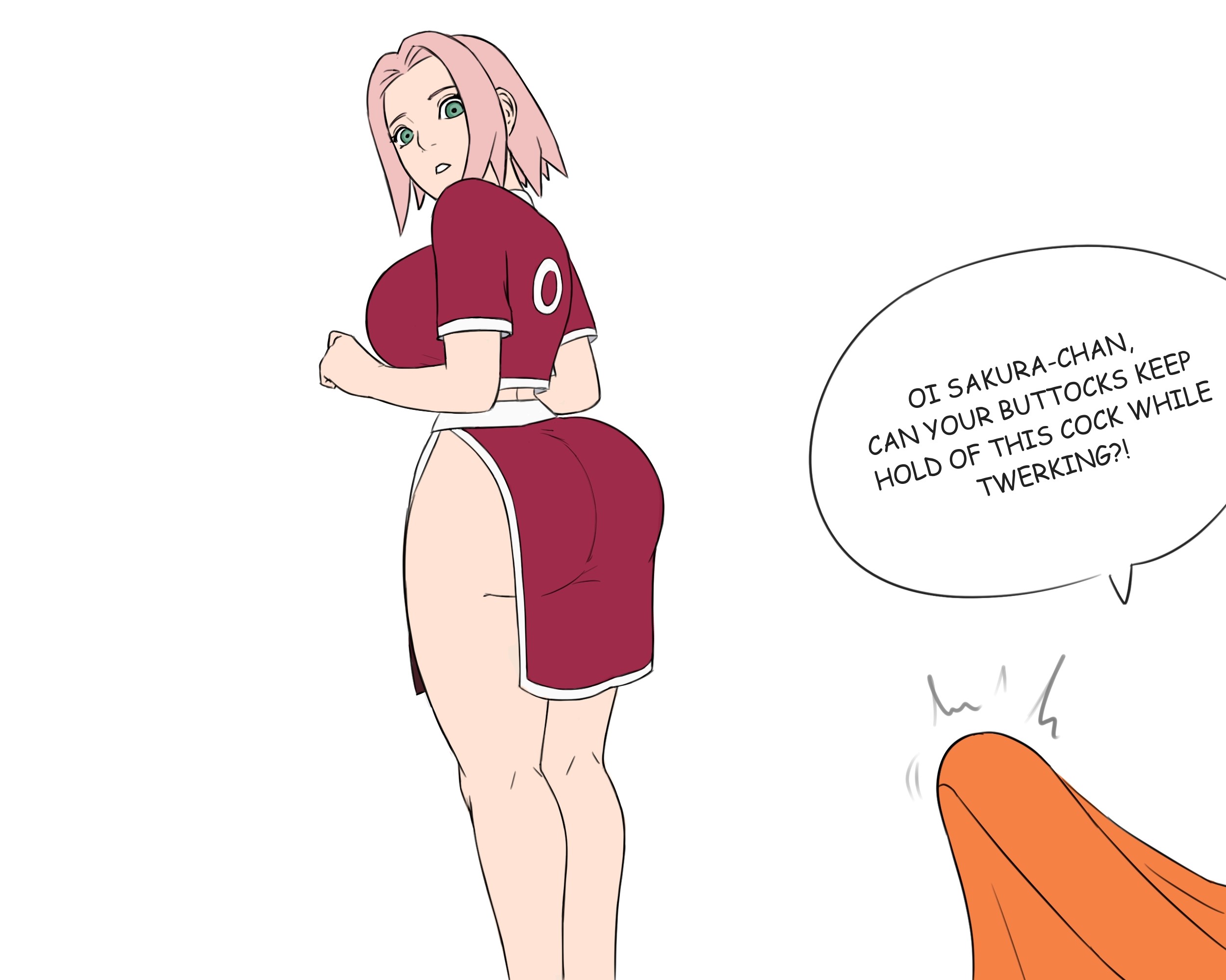 1boy, 1girls, ass, big ass, big breasts, big butt, big penis, biggies00, bob cut, breasts, bubble ass, bubble butt, bulge, busty, clothed, clothing, crop top, curvaceous, curvy, curvy figure, english text, erection, erection under clothes, female, fully clothed, green eyes, huge ass, huge cock, human, large ass, large breasts, large penis, legs, looking at viewer, looking back, male, medium hair, naruto, naruto (classic), naruto (series), naruto shippuden, no panties, no pants, out of frame, penis, pink hair, sakura haruno, shoulder length hair, skirt, standing, straight, t-shirt, teenager, text, thick thighs, thighs, unseen male face, uzumaki naruto, white background, wide hips