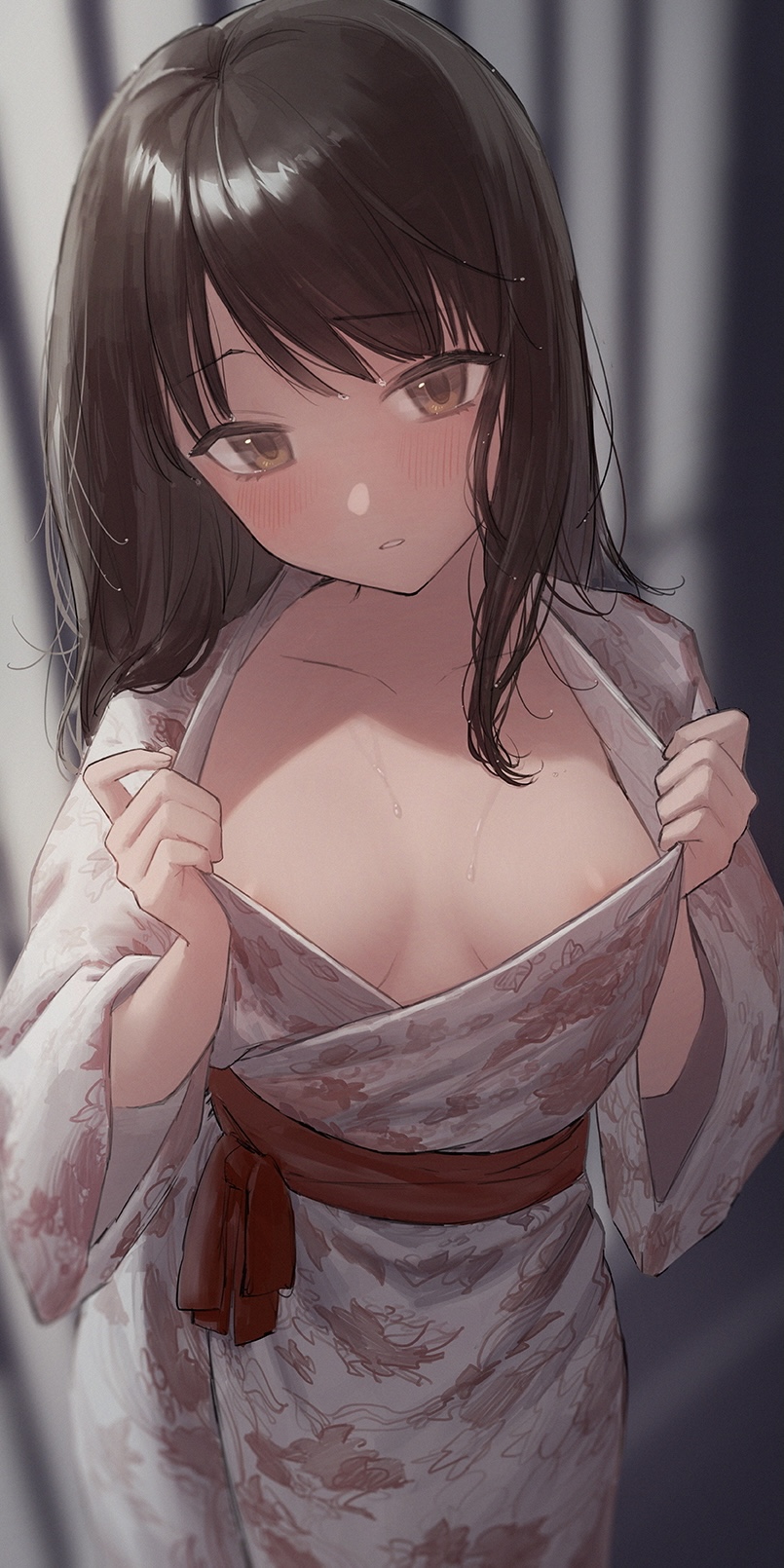 1girls areola_slip areolae blush breasts breasts_apart brown_eyes brown_hair clothing collarbone cowboy_shot female female_only highres jfjf kimono long_hair looking_at_viewer medium_breasts naked_kimono no_bra obi open_clothes original pale-skinned_female pale_skin solo undressing wet wet_hair yukata