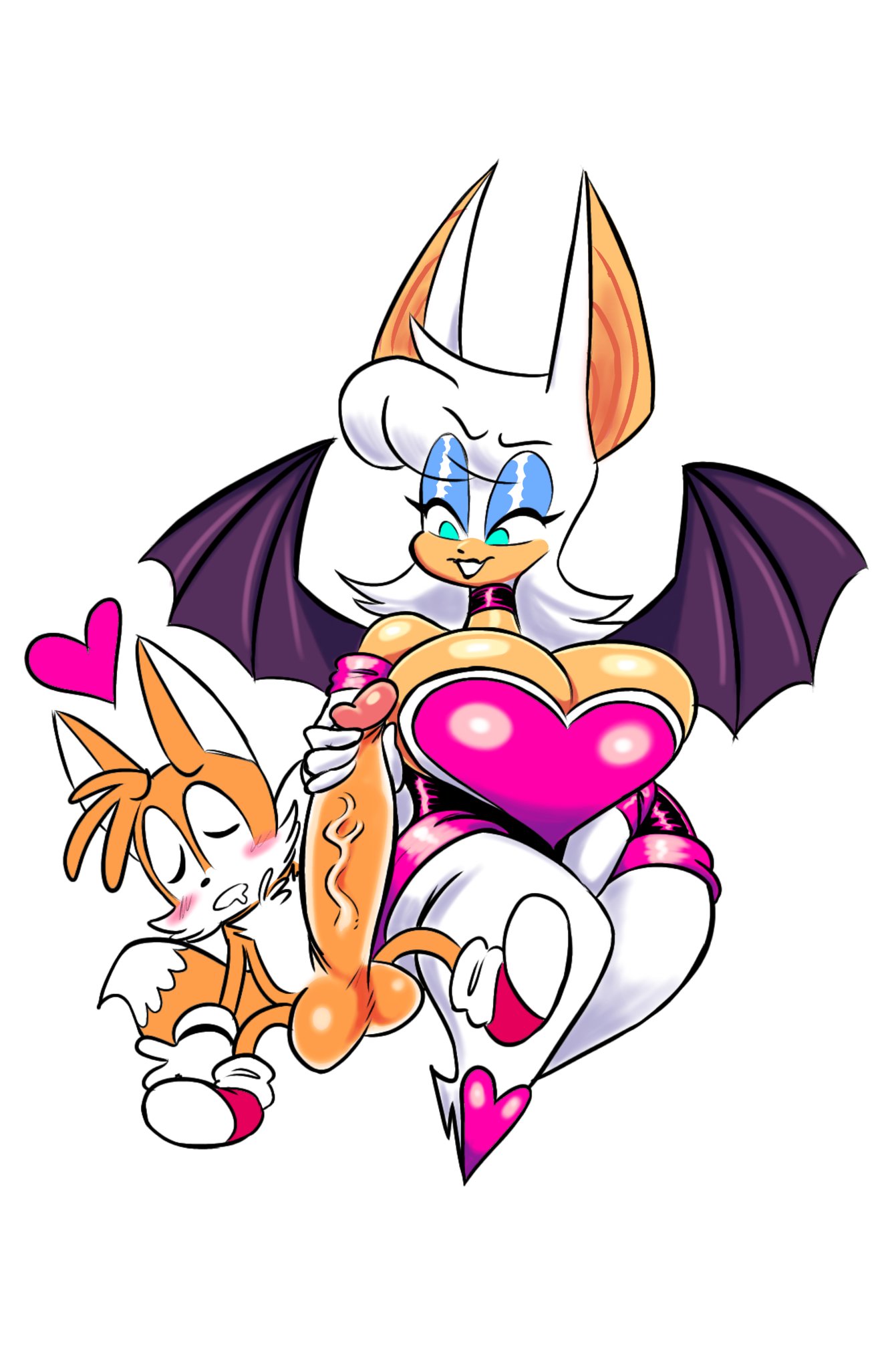 1boy 1girls anthro bat_wings big_breasts big_penis handjob heart huge_breasts larger_female older_female penis rouge_the_bat shortstack smaller_male sonic_(series) tails theguywhodrawsalot thick_thighs wings younger_male