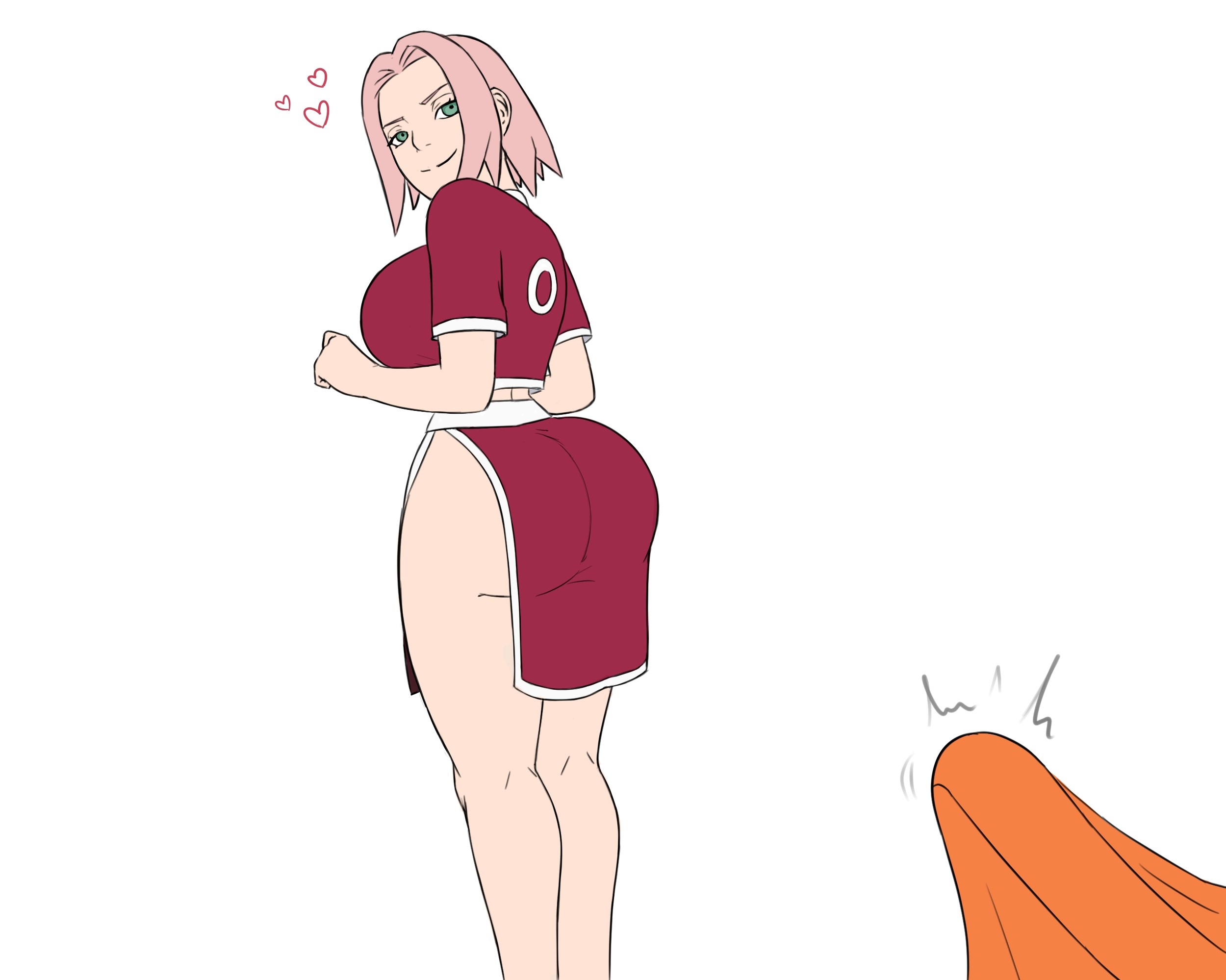 1boy, 1girls, ass, ass hanging out, bare legs, big ass, big breasts, big butt, big penis, biggies00, bob cut, breasts, bubble ass, bubble butt, bulge, busty, clothed, clothing, crop top, curvaceous, curvy, curvy figure, erection, erection under clothes, female, fully clothed, green eyes, haruno sakura, huge ass, huge cock, human, large ass, large breasts, large penis, legs, looking at viewer, looking back, male, medium hair, mischievous, naruto, naruto (classic), naruto (series), naruto shippuden, no panties, no pants, out of frame, penis, pink hair, sakura haruno, seductive, seductive eyes, seductive look, seductive smile, shoulder length hair, skirt, smile, smiling, smiling at viewer, standing, straight, t-shirt, teenager, thick thighs, thighs, unseen male face, uzumaki naruto, white background, wide hips