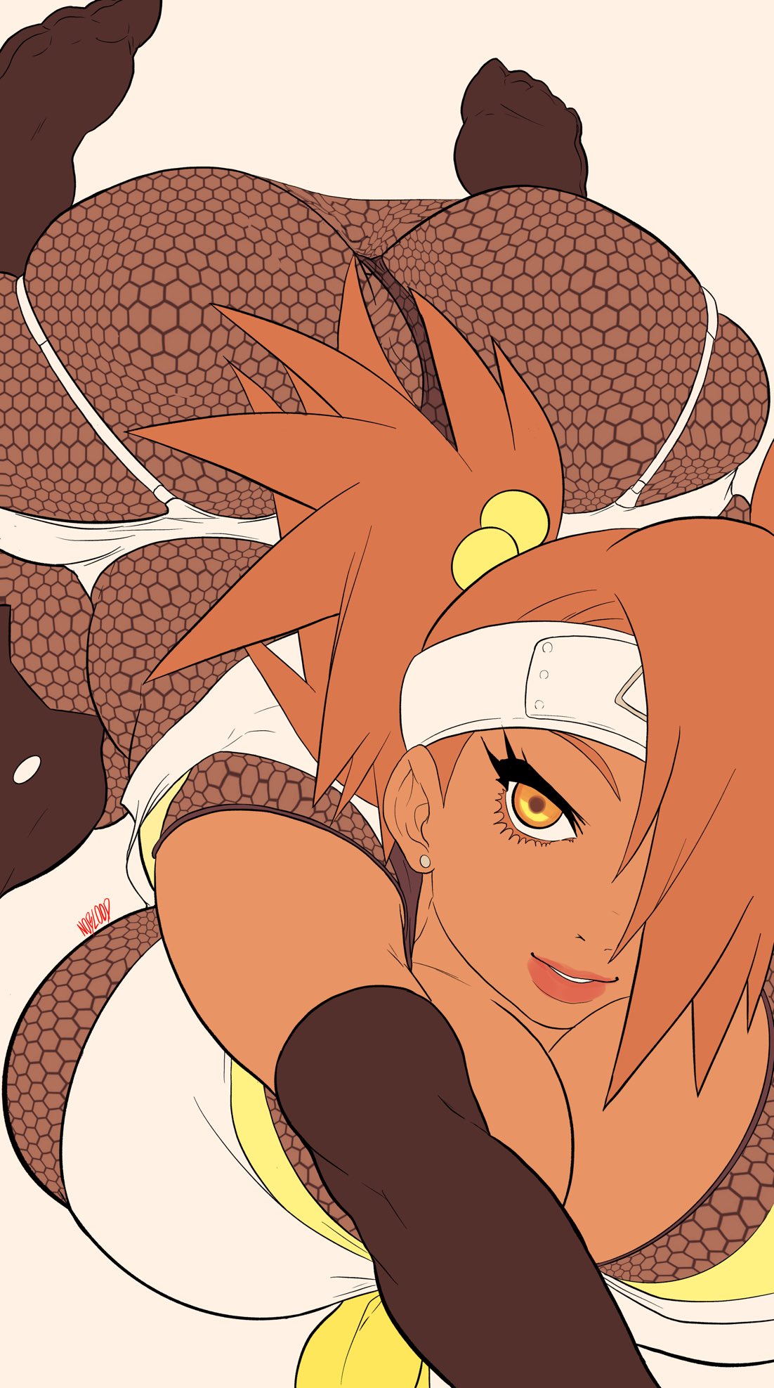 1girls, akimichi chouchou, ass, bent over, big breasts, boruto: naruto next generations, breasts, bubble ass, bubble butt, chubby, chubby female, cleavage, dark skin, dark-skinned female, ear piercing, eyelashes, fat, favorite, female, female focus, female only, fishnet, hair over one eye, headband, huge breasts, looking at viewer, mesh shirt, naruto, naruto (series), noblood, orange eyes, orange hair, simple background, solo, solo female, solo focus, thick ass, thick lips, thick thighs, thong, tight clothing, voluptuous, wide hips