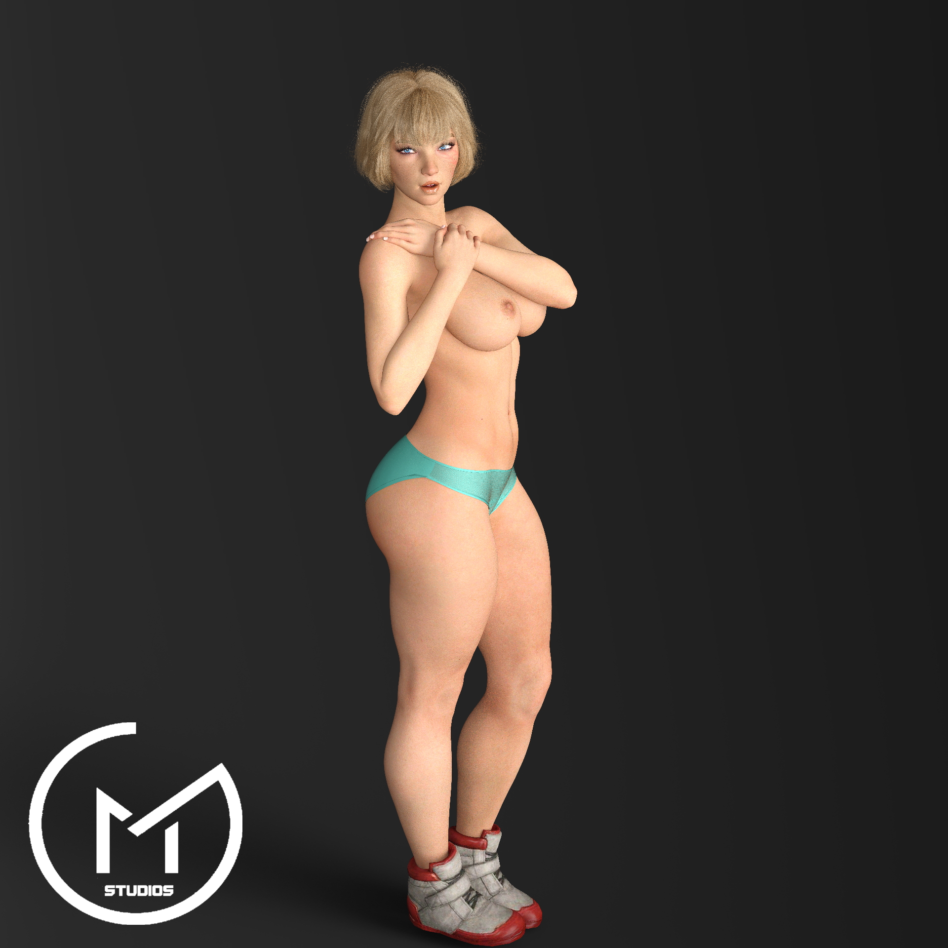 1girls, 3d, apex legends, areolae, bangs, blonde hair, blue eyes, bob cut, breasts, female, female only, full body, gm studios, large breasts, looking at viewer, nipples, open mouth, panties, scar, seductive look, shoes, short hair, solo, topless, wattson (apex legends)
