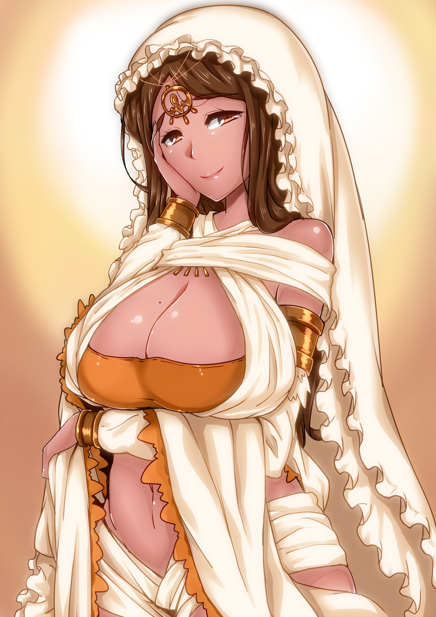 armband, bare shoulders, bracelet, breasts, brown eyes, brown hair, circlet, cleavage, dark souls, female, female focus, frills, fromsoftware, goddess, gold (metal), gold jewelry, hand on face, headdress, highres, huge breasts, jewelry, komusou (jinrikisha), lips, long hair, looking at viewer, midriff, navel, queen of sunlight gwynevere, smile, solo, strapless, sun, tubetop, tunic
