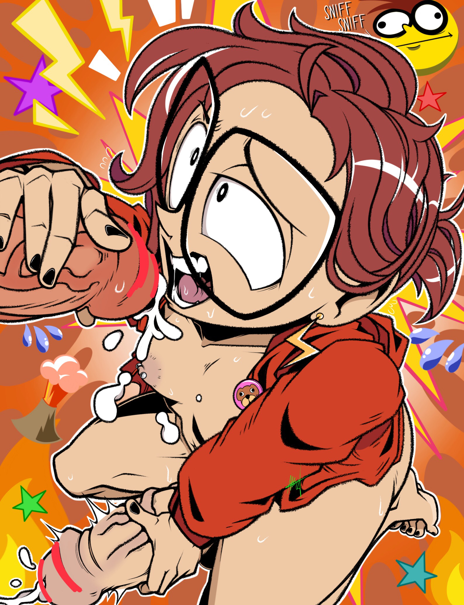 1boy, 1futa, brown hair, cum, faceless male, futanari, glasses, handjob, huge cock, intersex, katie mitchell, kneeling, male, male on futa, newworld9, nipple piercing, nipples, penis, pierced nipples, piercing, piercings, the mitchells vs. the machines