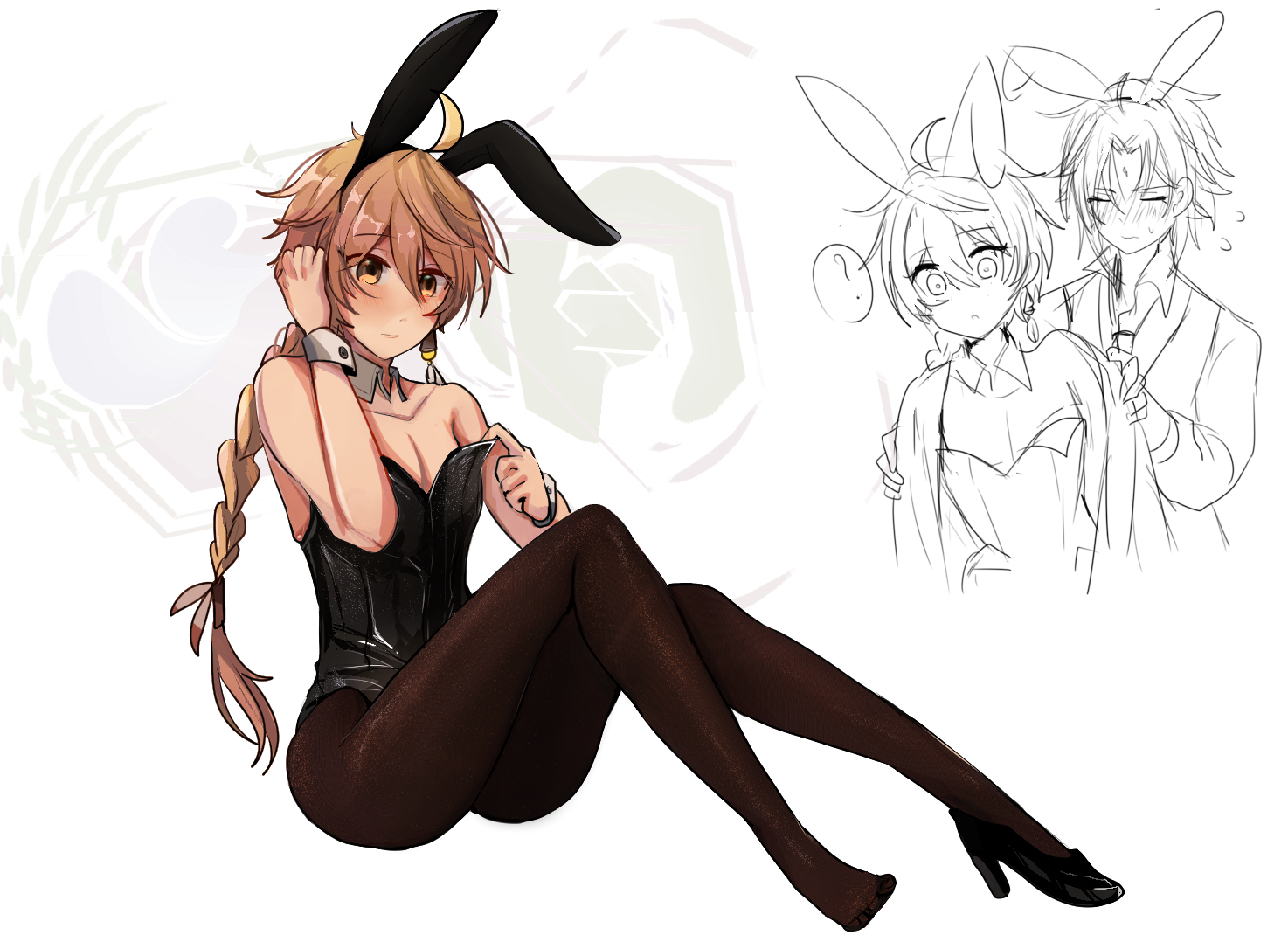 1boy, aether (genshin impact), ahoge, artist request, blonde hair, bulge, bunny ears, bunny tail, bunnysuit, crossdressing, femboy, gay, genshin impact, hair ornament, high heels, long hair, male, male only, submissive male, thighs, tights, twink, yaoi, yellow eyes