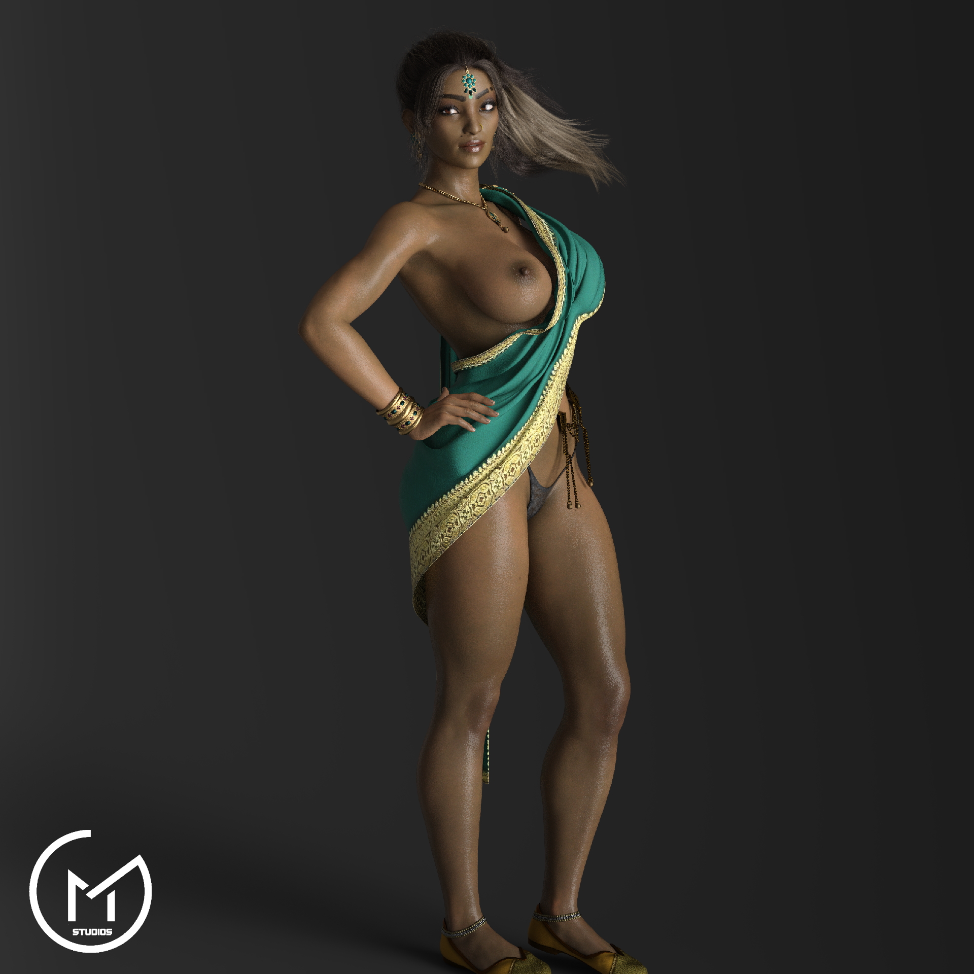 1girls, 3d, apex legends, areolae, beauty mark, bindi, bracelet, breasts, brown eyes, brown hair, clothing, dark skin, dark-skinned female, earrings, female, female only, footwear, full body, gm studios, hand on hip, human, indian, jewelry, large breasts, necklace, nipples, one breast out, panties, rampart (apex legends), saree, sari, solo, thick lips, tied hair