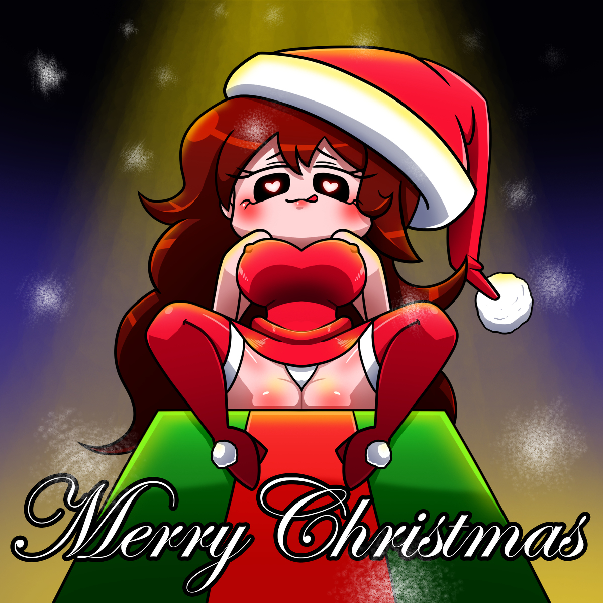 blush, breasts, brown hair, christmas, erect nipples, erect nipples under clothes, female, friday night funkin, from below, girlfriend (friday night funkin), heart-shaped pupils, large breasts, looking at viewer, looking down, mustache (mtc), nipples, panties, sitting, spread legs, tagme, thighhighs, white panties
