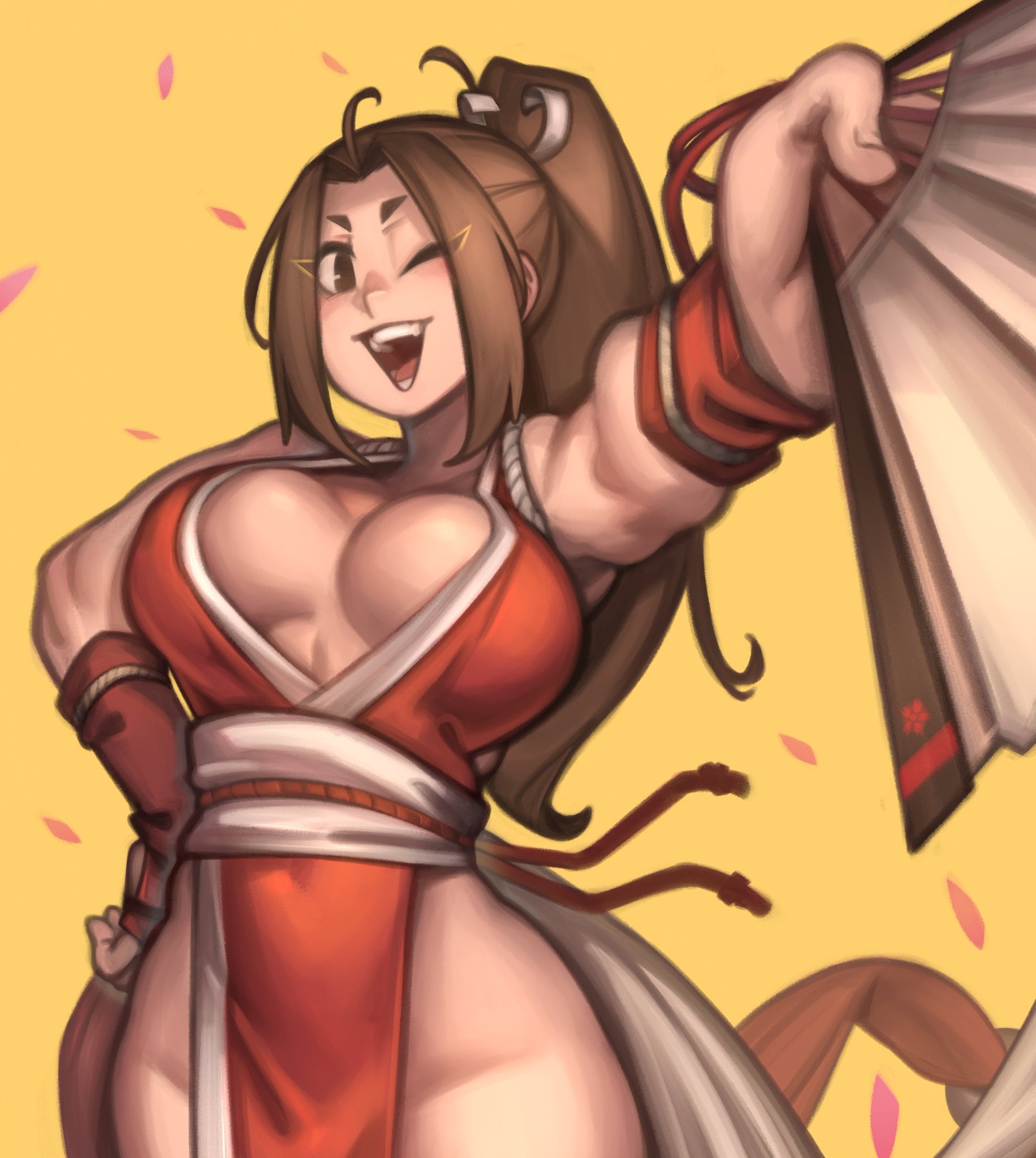 armpits, breasts, brown eyes, brown hair, cleavage, fatal fury, female, kelvin hiu, king of fighters, mai shiranui, no panties, ponytail, snk, standing, tagme, wink
