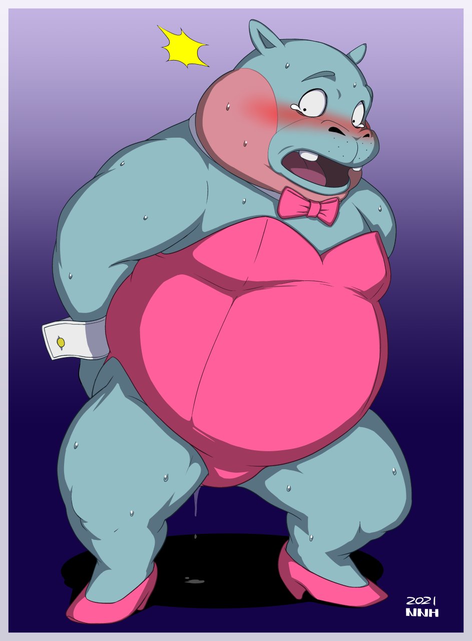 1boy 2021 anthro blue_body blush bodily_fluids bow_tie bunnysuit clothing common_hippopotamus crossdressing cum cum_drip cum_in_ass cum_on_ground genital_fluids hi_res hippopotamid kemono leotard male male_only mammal neko_no_hito odd_taxi overweight overweight_anthro overweight_male solo sweat taichi_kabasawa_(odd_taxi) tears