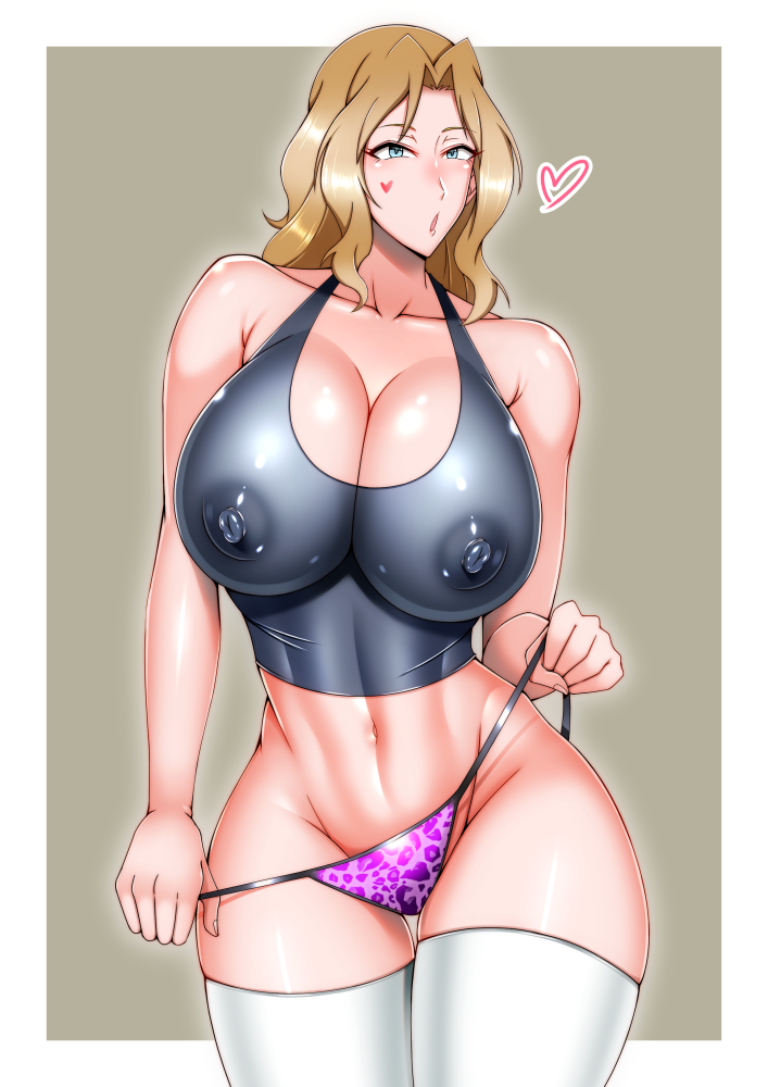 areolae black_tank_top black_topwear blonde_hair blue_eyes bursting_breasts curvaceous curvy curvy_figure girls_und_panzer glistening_clothing heart_tattoo huge_breasts inviting_to_sex kay_(girls_und_panzer) latex_clothing leopard_print long_hair mature_female milf naughty_face nipple_bulge open_mouth pink_panties plump pulling_panties puni2brain tank_top teasing thick_thighs thigh_gap tight_clothes tight_clothing useless_clothing white_legwear white_thighhighs