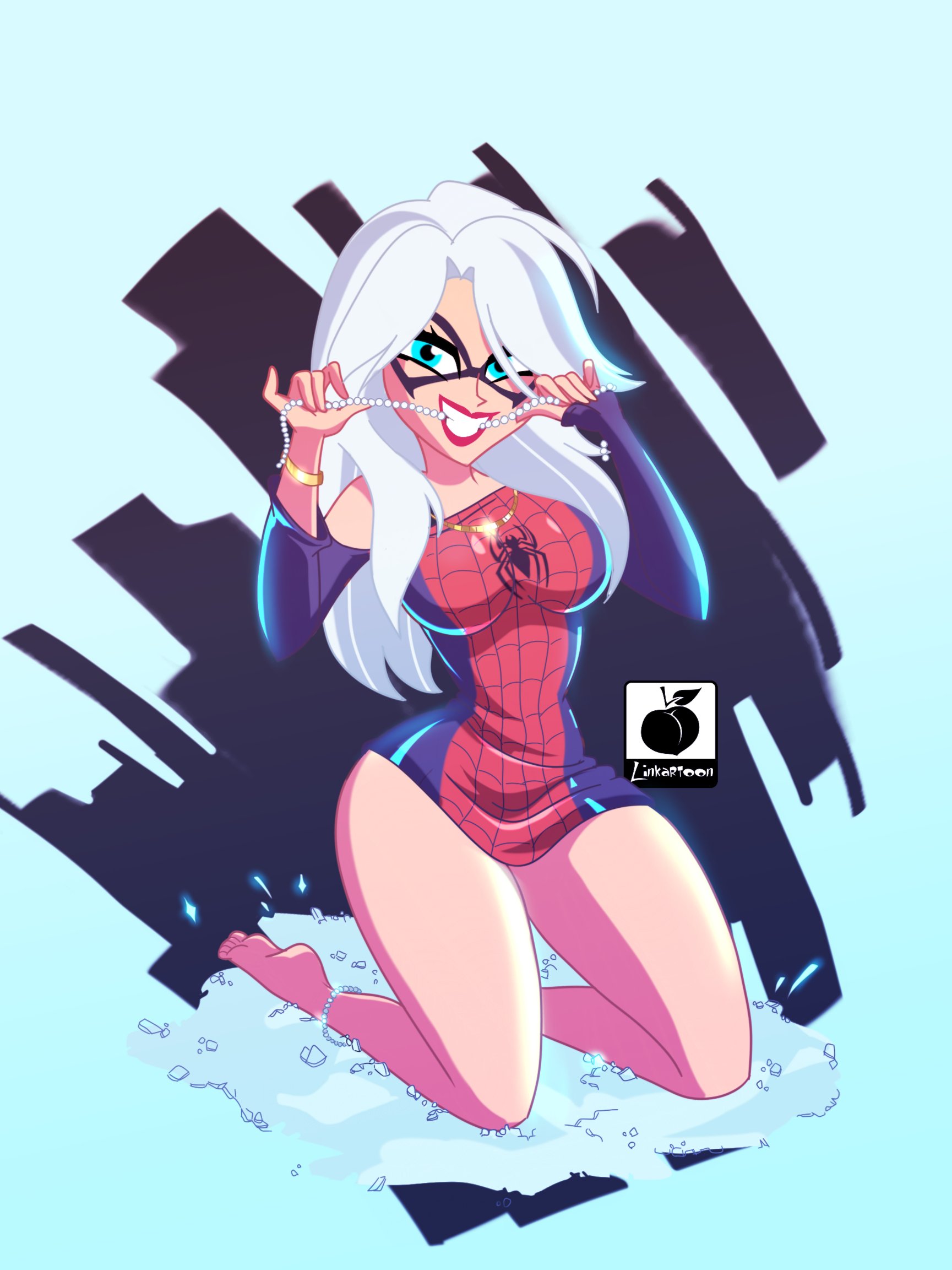 1girls, black cat (marvel), blue eyes, bottomless, bracelet, breasts, domino mask, felicia hardy, female, female focus, female only, hourglass figure, huge breasts, linkartoon, looking at viewer, marvel, marvel comics, necklace, official alternate costume, reference, simple background, smile, solo, solo female, solo focus, spider-man (series), thick thighs, white hair, wide hips