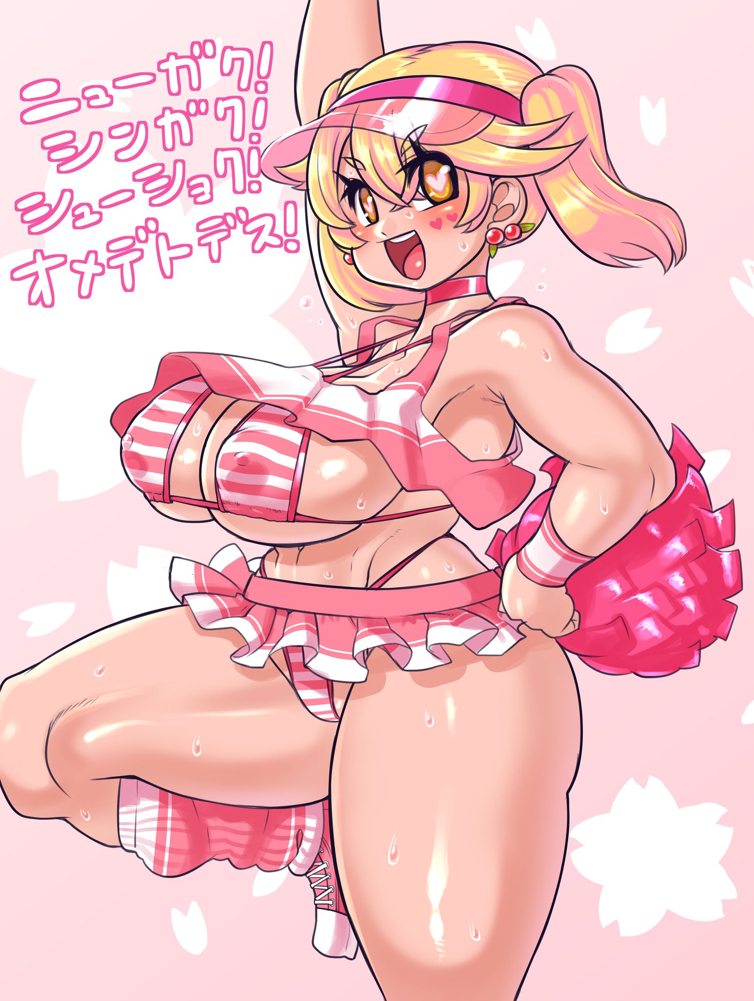 big breasts, blush, breasts, cheerleader, cheerleader uniform, collar, female, female focus, female only, happy, heart-shaped pupils, minami aomori, miniskirt, panties, shiny skin, solo, solo female, solo focus, thick thighs