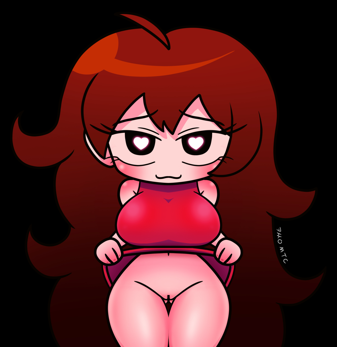 blush, bottomless, breasts, brown hair, censored, dress lift, female, friday night funkin, girlfriend (friday night funkin), heart-shaped pupils, large breasts, mustache (mtc), no panties, pov, presenting, pussy, tagme