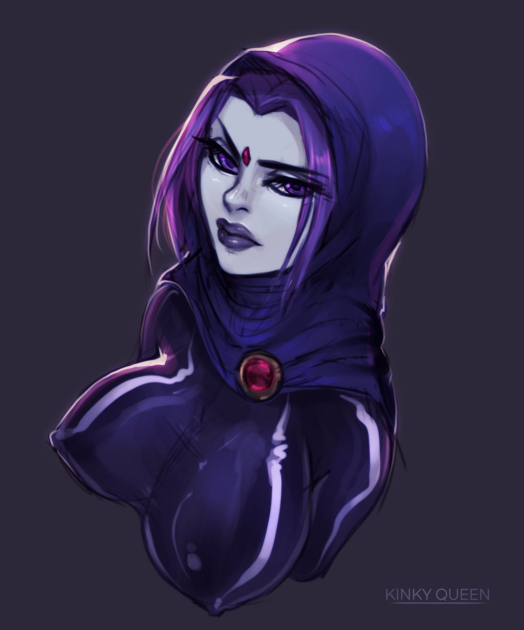 breasts, busty, cape, cleavage, clothed, clothing, dc, dc comics, female, goth, grey skin, human, large breasts, my kinky queen, outerwear, pinup, purple eyes, purple hair, rachel roth, raven (dc), simple background, smooth skin, solo, solo focus, superheroine, teen titans