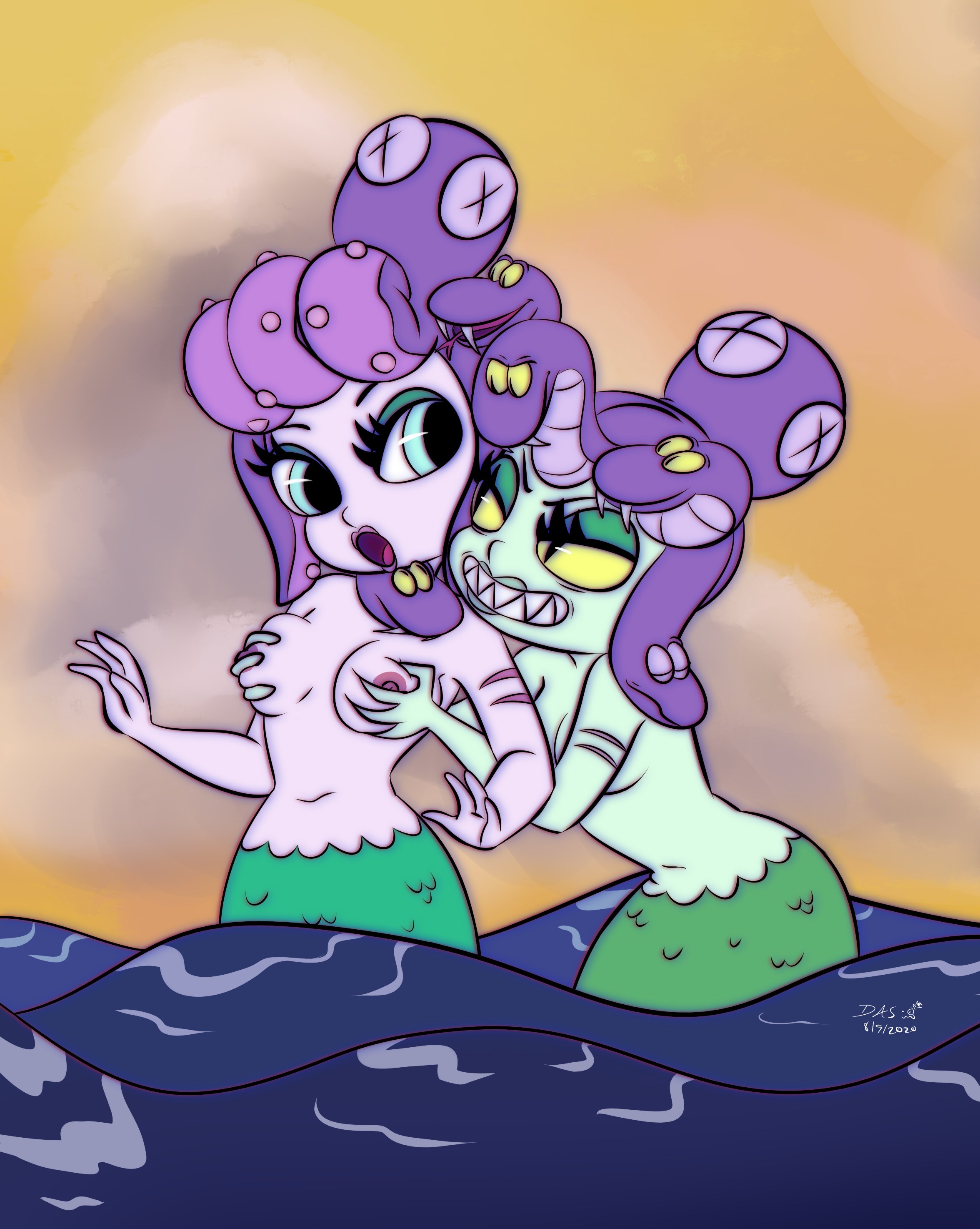 2022, 2girls, artist signature, breast grab, breasts, cala maria, cuphead (game), female, female only, fondling, merfolk, mermaid, multiple females, multiple girls, selfcest, topless, umayorokobi, yuri