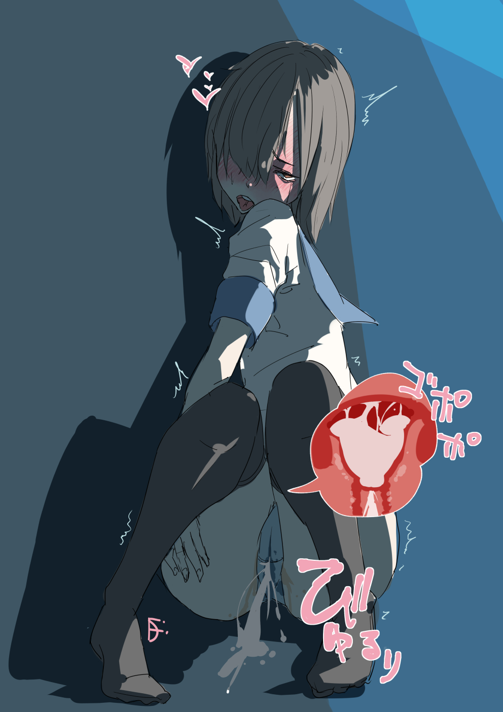 1girls, after sex, black legwear, black thighhighs, blue panties, blush, brown hair, clothed, clothing, cross section, cum, cum from pussy, cum in pussy, cum in uterus, cum inside, din (pixiv25800872), fallopian tubes, female, fully clothed, knees together feet apart, open mouth, original, original character, ovaries, panties, pussy, school uniform, schoolgirl, short hair, thighhighs, tongue, tongue out, uterus, x-ray