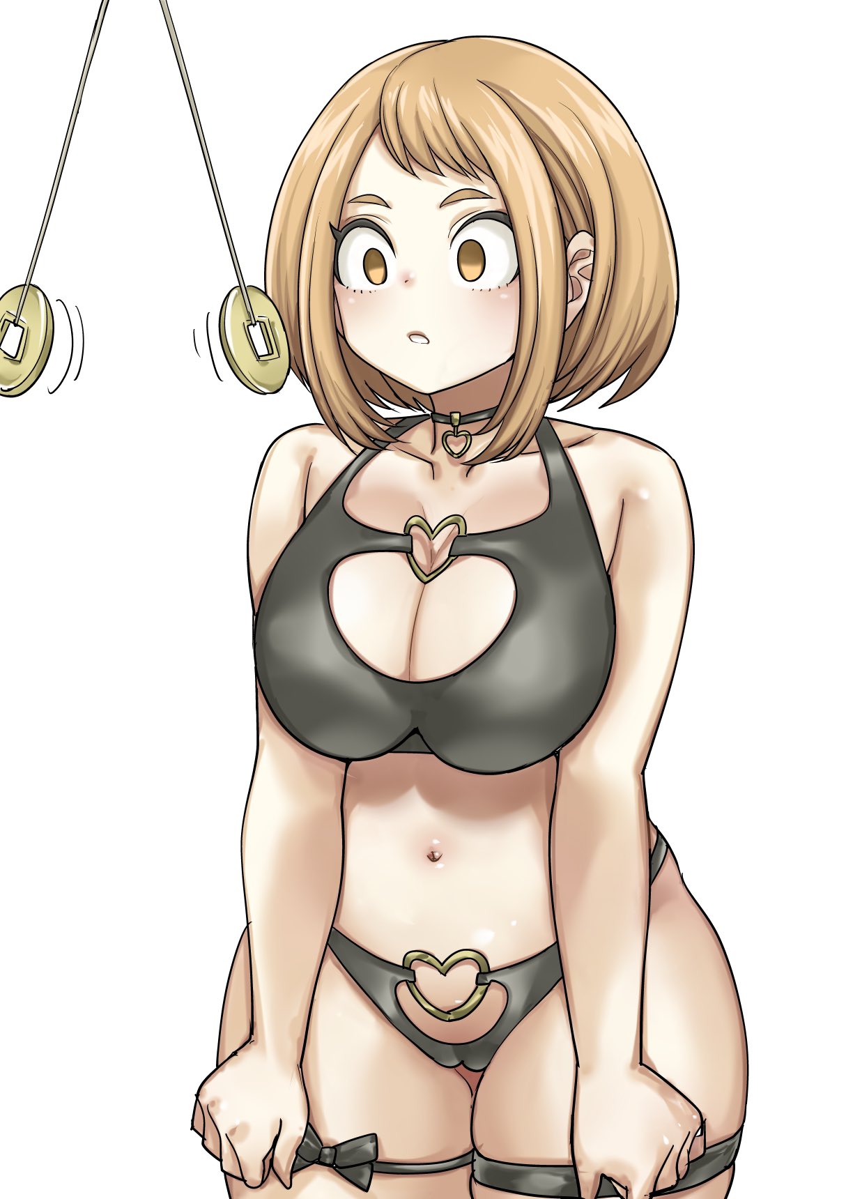 alternate_version_available ass_visible_through_thighs belly belly_button big_breasts black_choker blush breast_press breasts brown_eyes brown_hair cameltoe choker cleavage cleavage_cutout clothed clothing crop_top empty_eyes eyebrows flustered heart hypnosis lingerie mind_control my_hero_academia navel ochako_uraraka panties parted_lips revealing_clothes short_hair shosho_oekaki t-string teeth thick_thighs thigh_strap thighs wide_hips