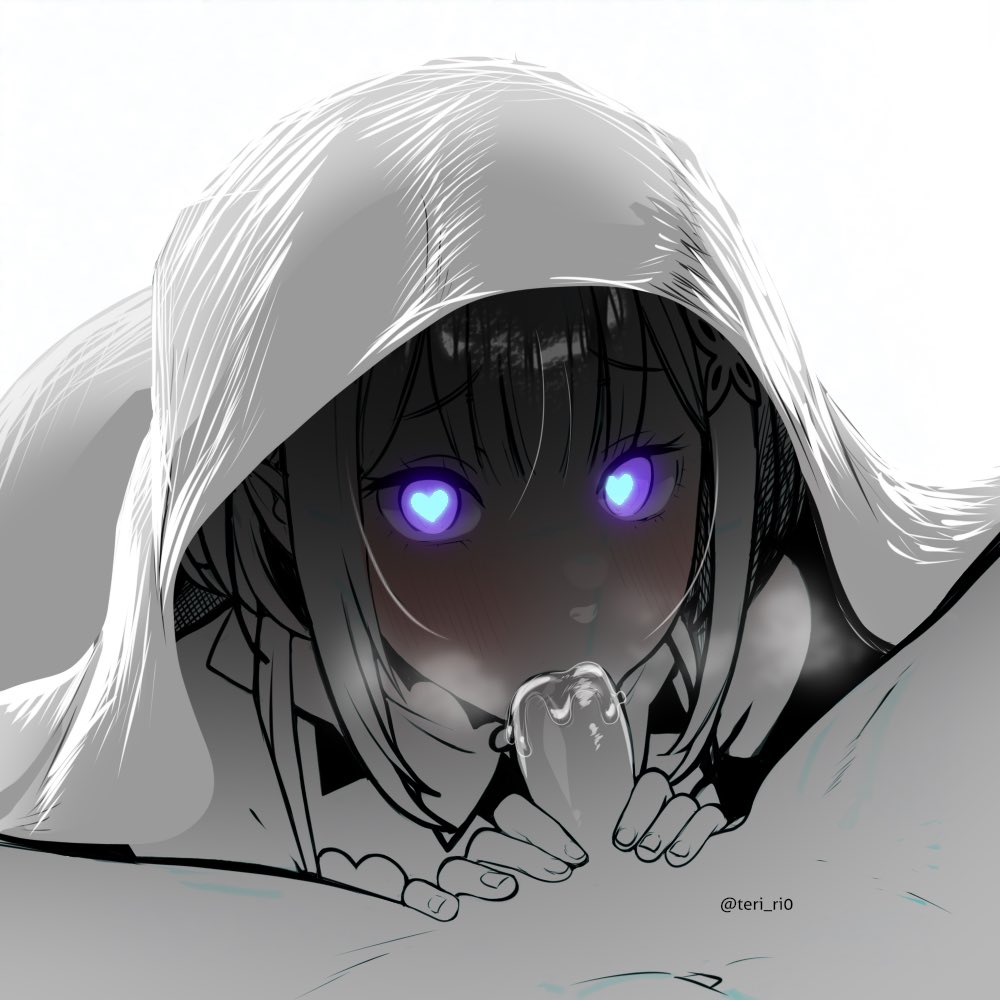1boy 1girls blowjob blush cum_in_mouth elf elf_ears elf_female emilia_(re:zero) fellatio female_yandere heart-shaped_pupils looking_at_viewer mind_broken natsuki_subaru on_bed penis pov purple_eyes re:zero_kara_hajimeru_isekai_seikatsu sex short_hair silver_hair sucking_penis teri_ri0 yandere