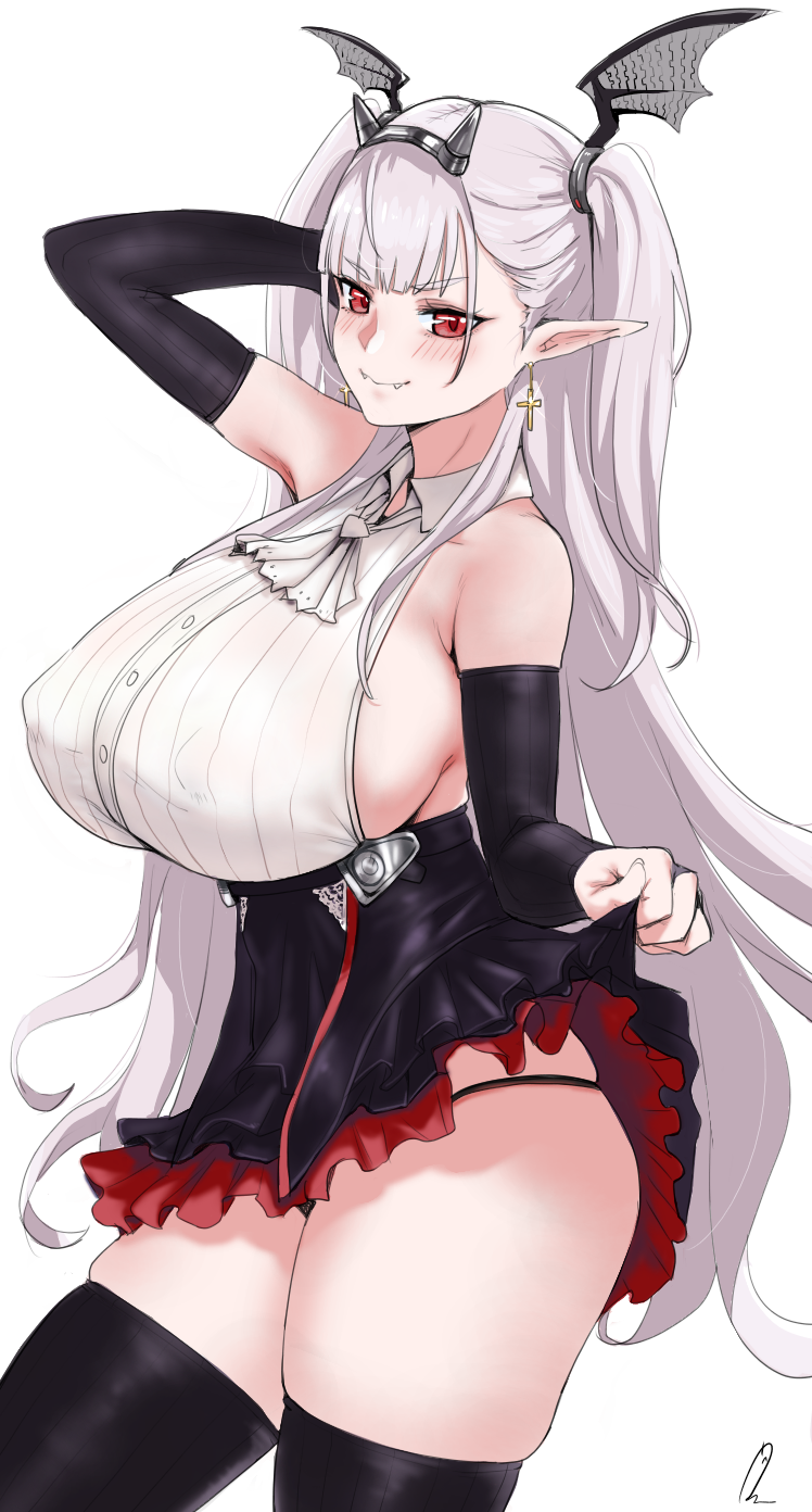 1girls arms_behind_head bangs bare_shoulders berserkert blush cross draculina_(last_origin) dress earrings elbow_gloves fangs female gloves highres huge_breasts jewelry last_origin long_hair looking_at_viewer panties pointy_ears red_eyes sideboob skirt_lift smile solo thighhighs vampire white_hair