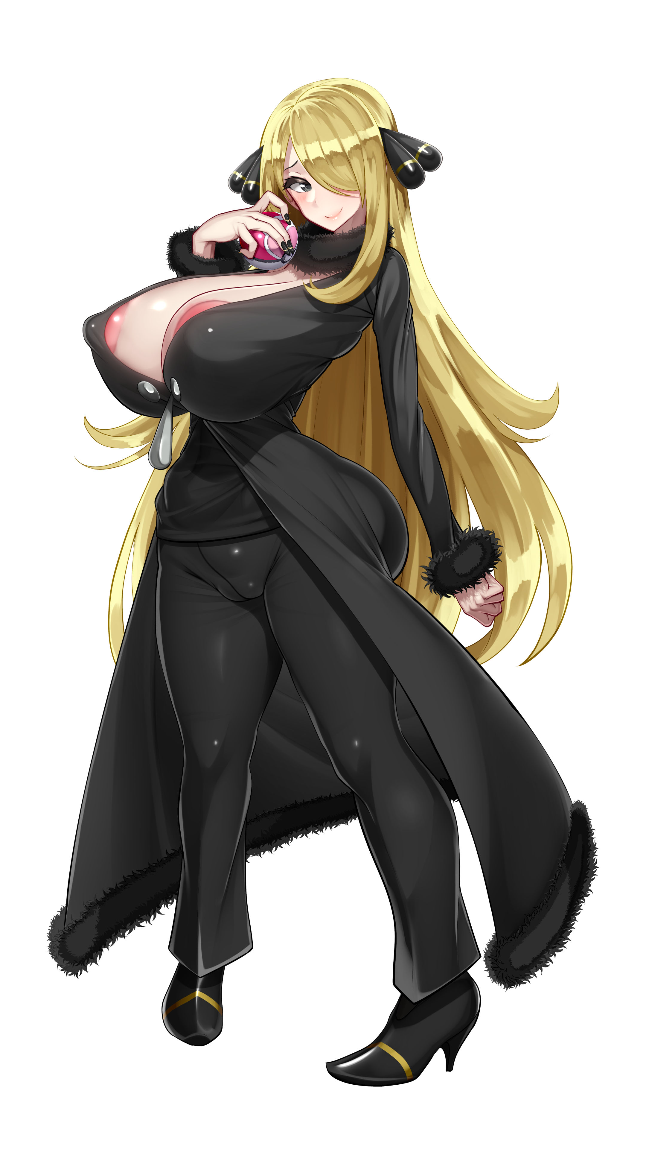 , areola bulge, areolae peeking, black dress, black fur, blonde hair, cynthia (pokemon), high heels, kawahagitei, pokemon, revealing clothes