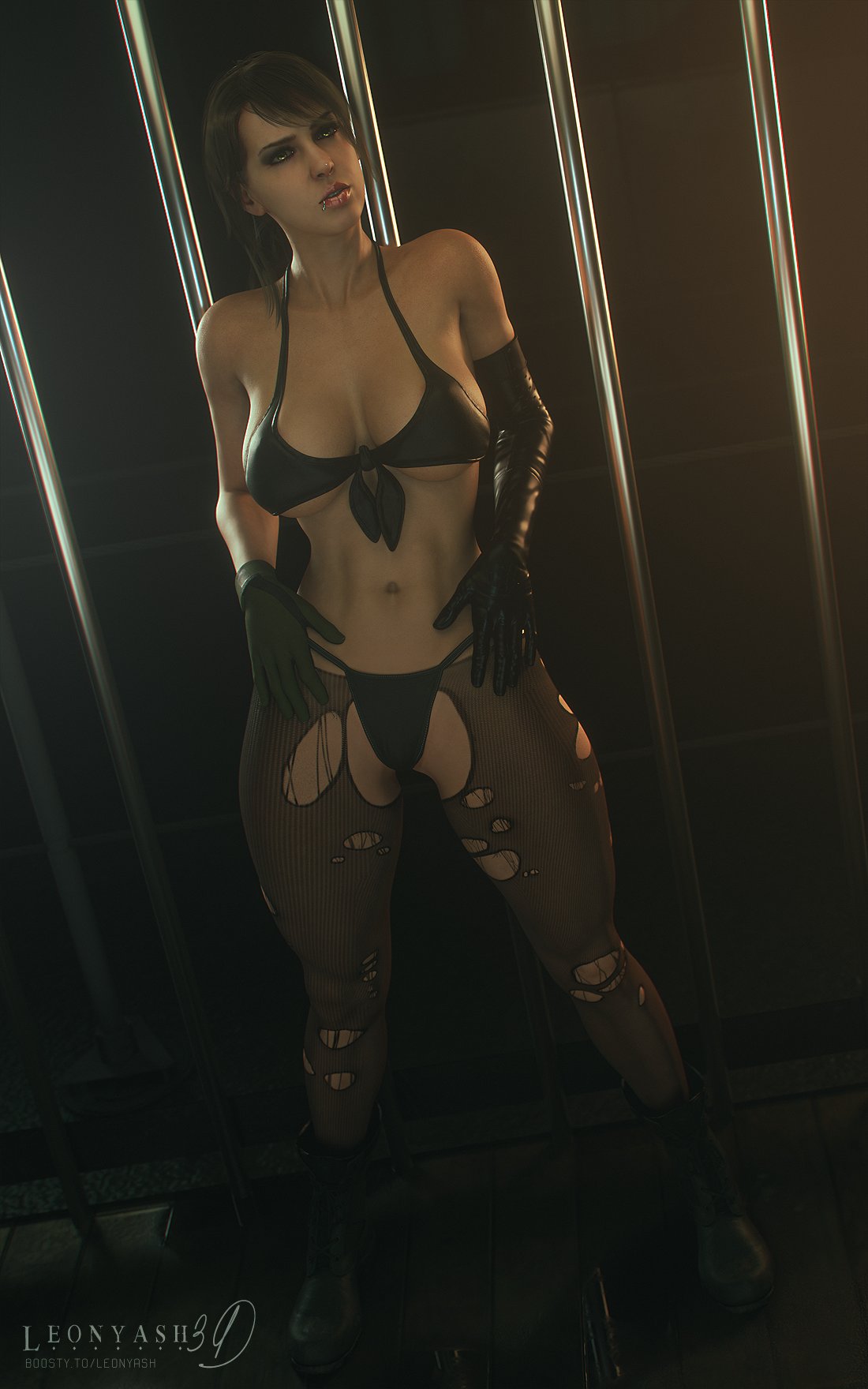 1girls, 2025, 3d, big breasts, big thighs, bikini top, breasts, brown hair, cell, cleavage, clothed, clothed female, combat boots, crotchless pantyhose, elbow gloves, eyeshadow, female, female only, full body, glossy lips, gloves, green eyes, hands on thighs, indoors, jail, legs apart, leonyash3d, lip gloss, lip piercing, looking at viewer, mascara, metal gear solid, metal gear solid v, mismatched gloves, navel, pantyhose, piercings, pink lip gloss, prisoner, quiet (metal gear), ripped pantyhose, skimpy clothes, solo, standing, stefanie joosten, thong, thong panties, tied bikini, underboob