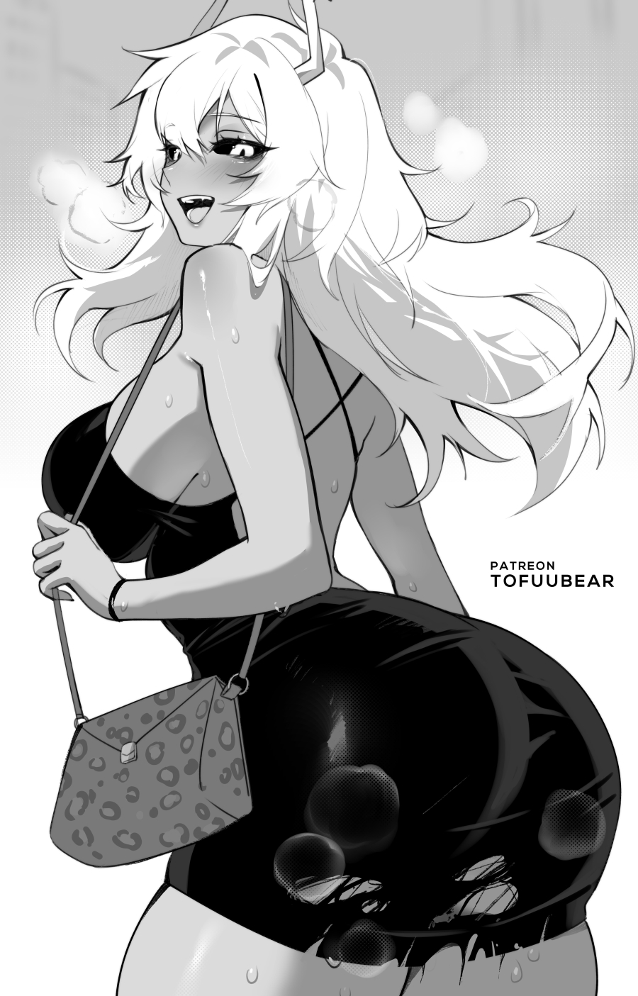 1girl, ashido mina, ashido mina time-skip, ass, bare shoulders, black sclera, blush, boku no hero academia, breasts, colored sclera, dress, greyscale, highres, horns, large breasts, long hair, looking at viewer, mina ashido, mina ashido time-skip, monochrome, my hero academia, my hero academia (finale), open mouth, post-timeskip, smile, solo, tofuubear
