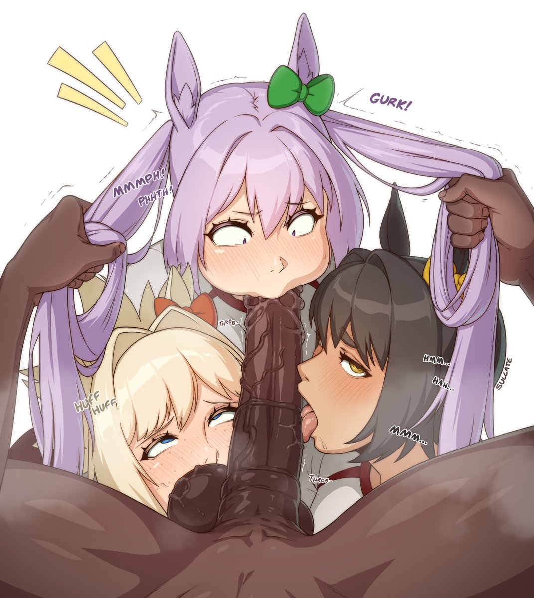 assisted_fellatio blowjob fellatio futa_on_female futadom futanari interracial licking original original_character sniffing sniffing_balls sulcate triple_fellatio umamusume