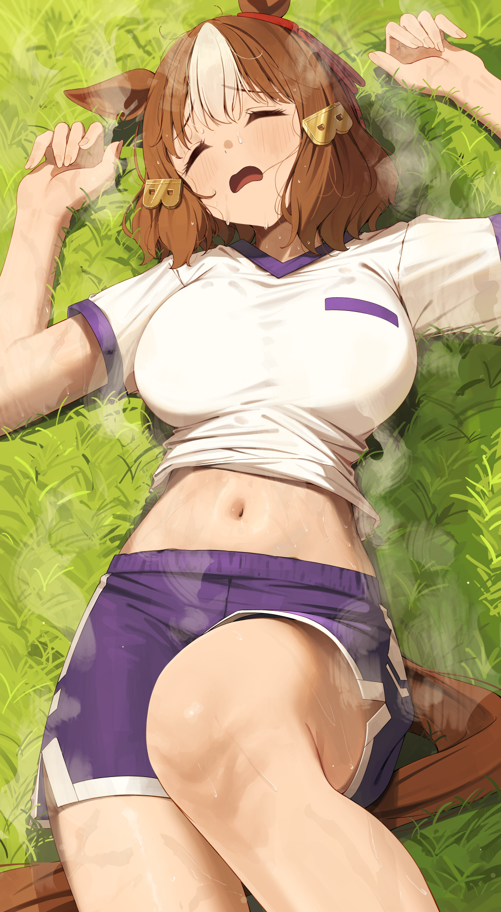 belly button, belno light (umamusume), cygames, ningengokko24, sweaty, tired, umamusume, umamusume: cinderella gray