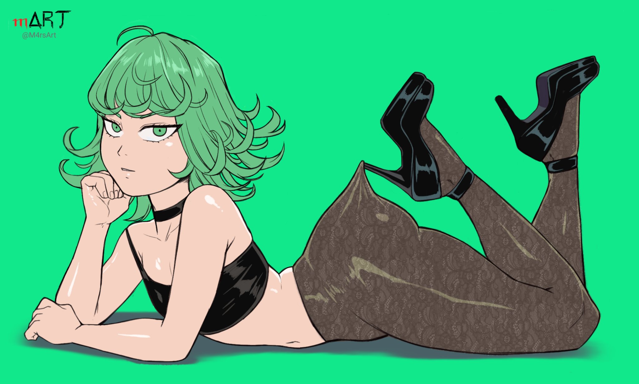 1girls, ass, big ass, bottomwear, crop top, female, female only, flat chest, flat chested, footwear, green background, green eyes, green hair, hair, heels, high heels, lace pantyhose hooked on heel (meme), lace trim, lace-trimmed pantyhose, legs up, legwear, lingerie, m4rsart, meme, on stomach, one-punch man, pantyhose, pantyhose pull, platform heels, short hair, side view, solo, solo female, tatsumaki, topwear