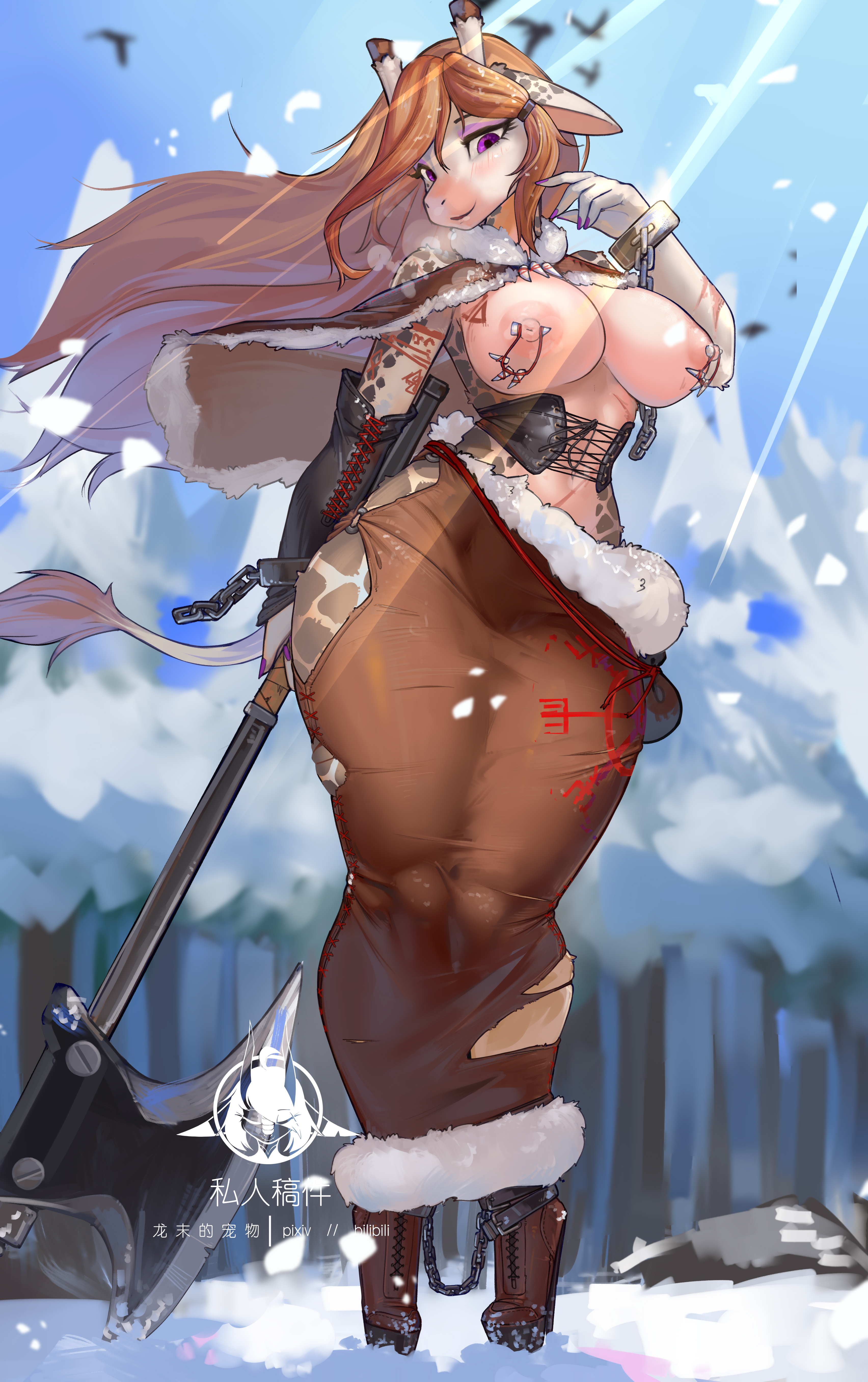 alba (maciek kaiju), axe, background, breasts, chains, corset, female, furry, giraffe, giraffe girl, girl, heels, hobble dress, long hair, naked breasts, nipple piercing, nipples, original, original character, purple eyes, shanher, smile, snow, topless, white fur, winter, winter background