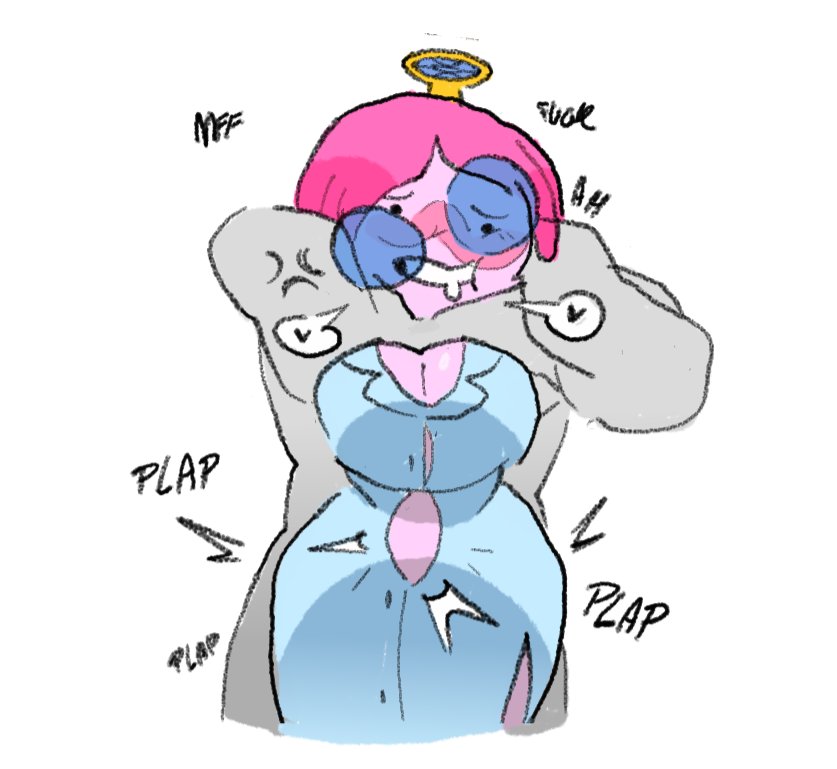 1boy, 1girls, adventure time, big breasts, breasts, choke hold, chokehold, choking, clothed, clothed female, clothed sex, clothing, color, crown, dominant male, english text, female, female focus, femsub, fionna and cake, from behind, from behind position, glasses, heart, hetero, looking at viewer, male, maledom, naked, naked male, open eyes, princess bubblegum, real saming, rough sex, sex, simple background, smile, stomach bulge, straight, submissive female, text, thighs, twitter link, white background