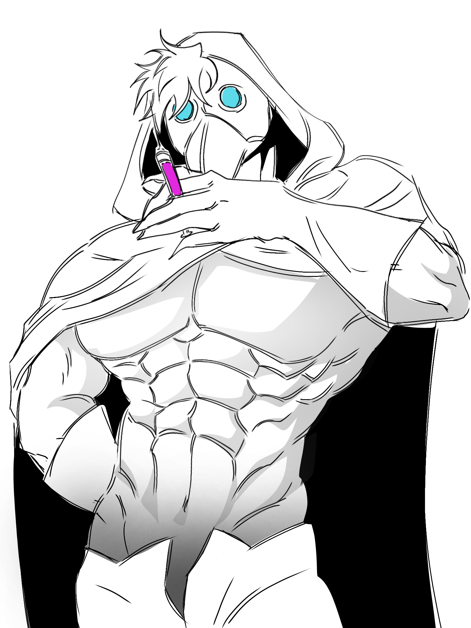 abs, daaaaaaayum, doctor (the freak circus), monster, monster boy, muscled man, nude male, nude muscles, open pants, plague doctor, plague doctor mask, pompommie, solo, solo focus, solo male, suggestive, the freak circus, unbuttoned pants, v-line