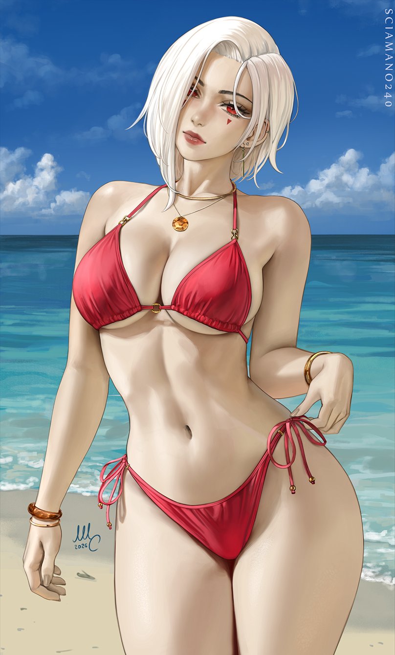 bare shoulders, bare thighs, beach, bianca (sciamano240), big breasts, detailed background, looking at viewer, mirco cabbia, original, original character, red bikini, red bikini bottom, red bikini top, red eyes, red face paint, red lipstick, sciamano240, sea, seaside, short hair, white hair, wide hips, wide thighs