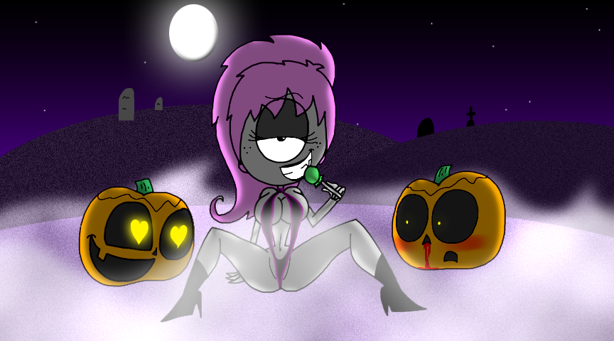 1girls black_lipstick blush boots burtonberg candy cyclops facing_viewer fang female fog freckles glowing_eyes gravestone heart_eyes jack-o-lantern lollipop looking_at_viewer monster monster_girl montatora-501 nosebleed omegusmaximus original_character pink_hair ponytail pumpkin seductive seductive_smile simone_pazookie_(montatora-501) smirk spread_legs tombstone