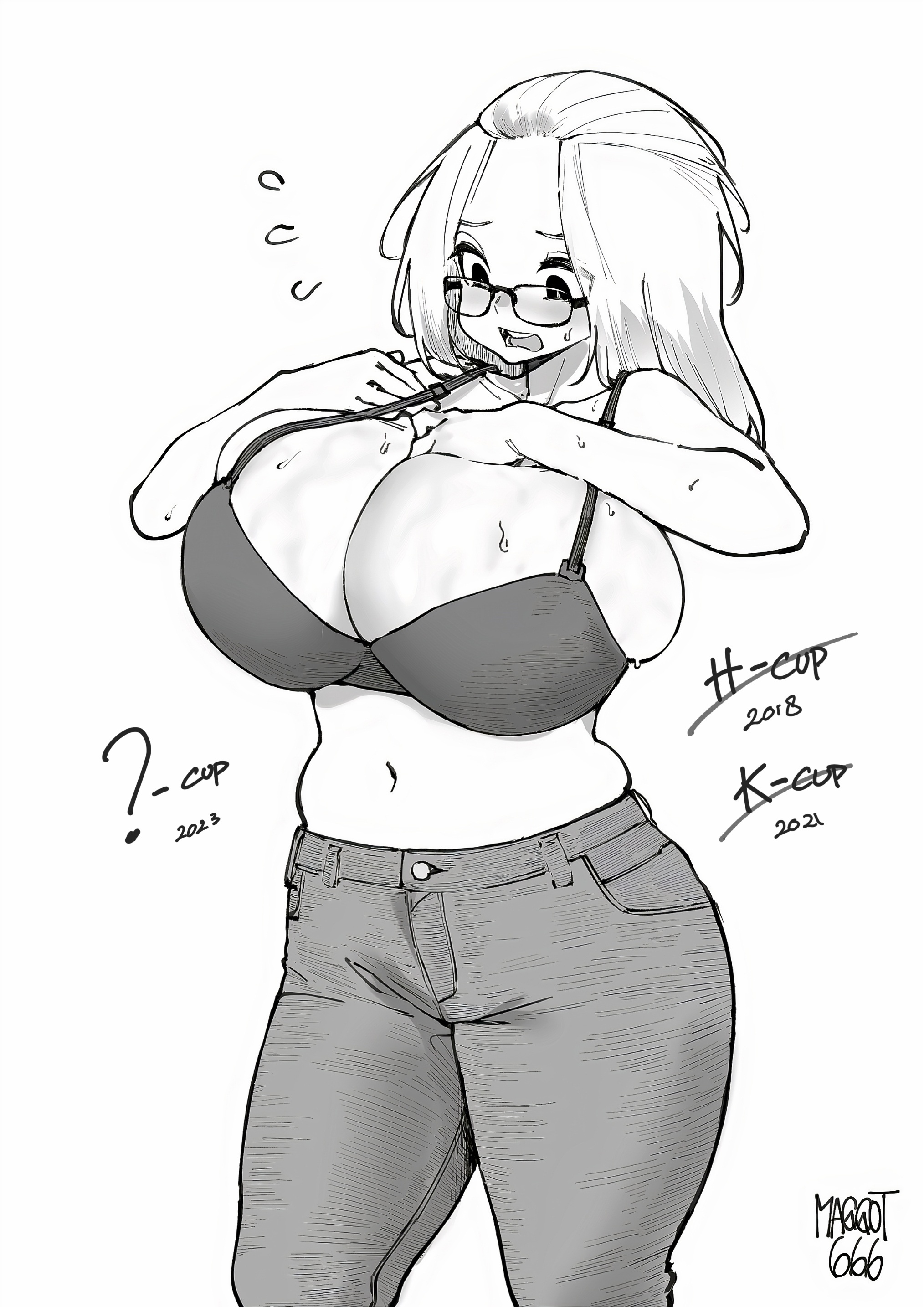 1girl, absurdres, adjusting bra, alternate breast size (larger), bangs pinned back, belly, big breasts, black and white, black-framed eyewear, blush, bra, breasts, breasts squeezed together, bursting breasts, busty, cleavage, commentary, commission, curvy, denim, dressing, embarrassed, english commentary, female, frustrated, gigantic breasts, glasses, greyscale, h cup, hand on breast, highres, huge breasts, inconvenient breasts, inne sulistya robin, jeans, k cup, large breasts, long hair, looking at own breasts, love handles, midriff, monochrome, muffin top, navel, nervous sweating, no shirt, norman maggot, original, pants, shirtless, solo, source request, standing, strap gap, sweat, sweatdrop, sweating, thin waist, undersized bra, undersized breast cup, undersized clothes, underwear, veins, veiny breasts, voluptuous, voluptuous female, white background, wide hips