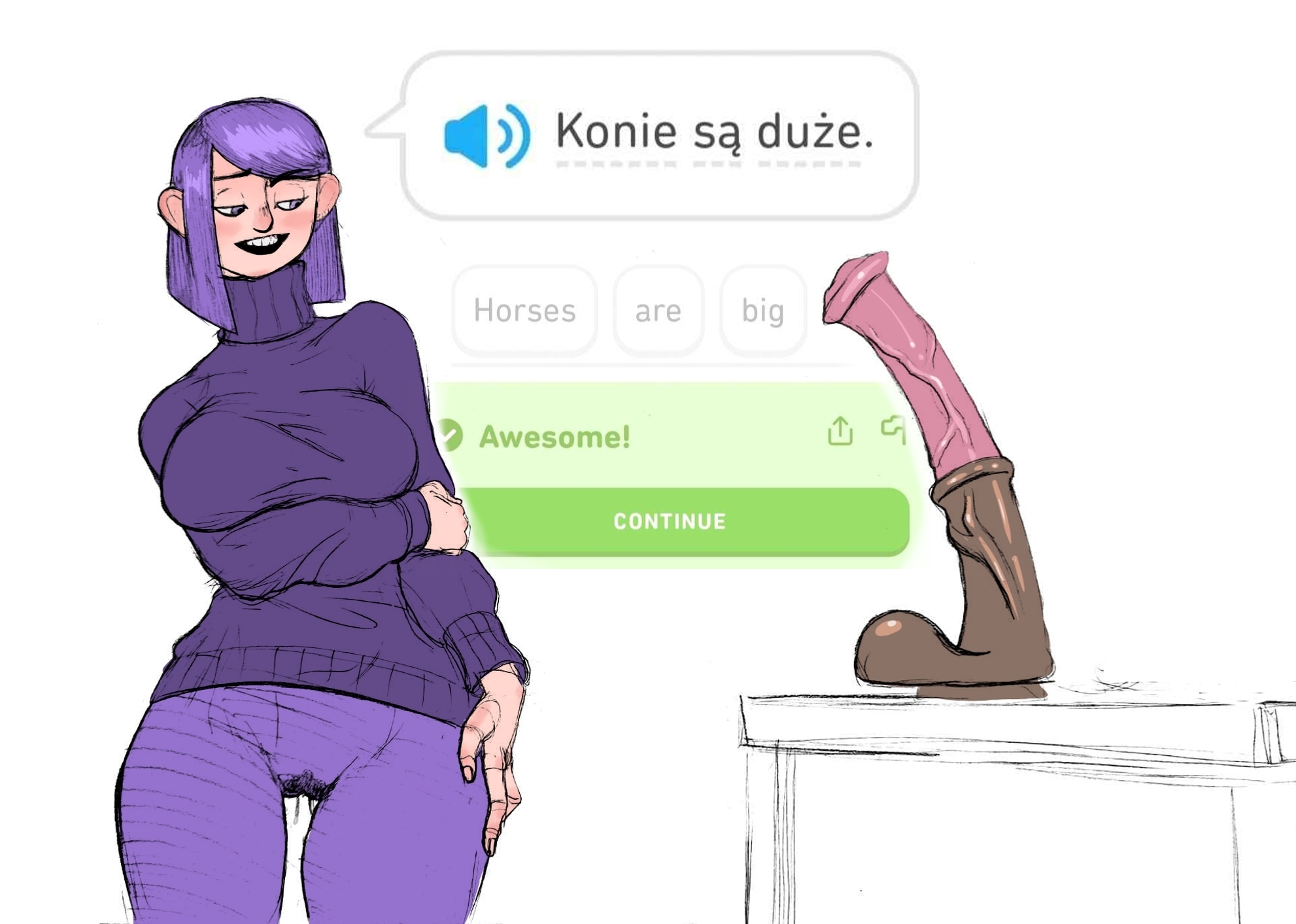 2d, 2d (artwork), big breasts, child bearing hips, cock worship, curvaceous figure, curvy, curvy female, curvy figure, dildo, dripping pussy, duolingo, english text, equine, equine dildo, equine genitalia, equine penis, exercise, horse dildo, horse penis, horsecock, horsecock dildo, huge cock, human, human female, imminent sex, krotauku, leaking pussy, leaking through clothing, lily (duolingo), open mouth, polish, polish text, purple clothing, purple eyes, purple hair, short hair, simple background, smile, speech bubble, text, text box, thigh gap, turtleneck, turtleneck sweater, veiny penis, wet, wet clothes, wet pussy, white background, wide hips, wide thighs