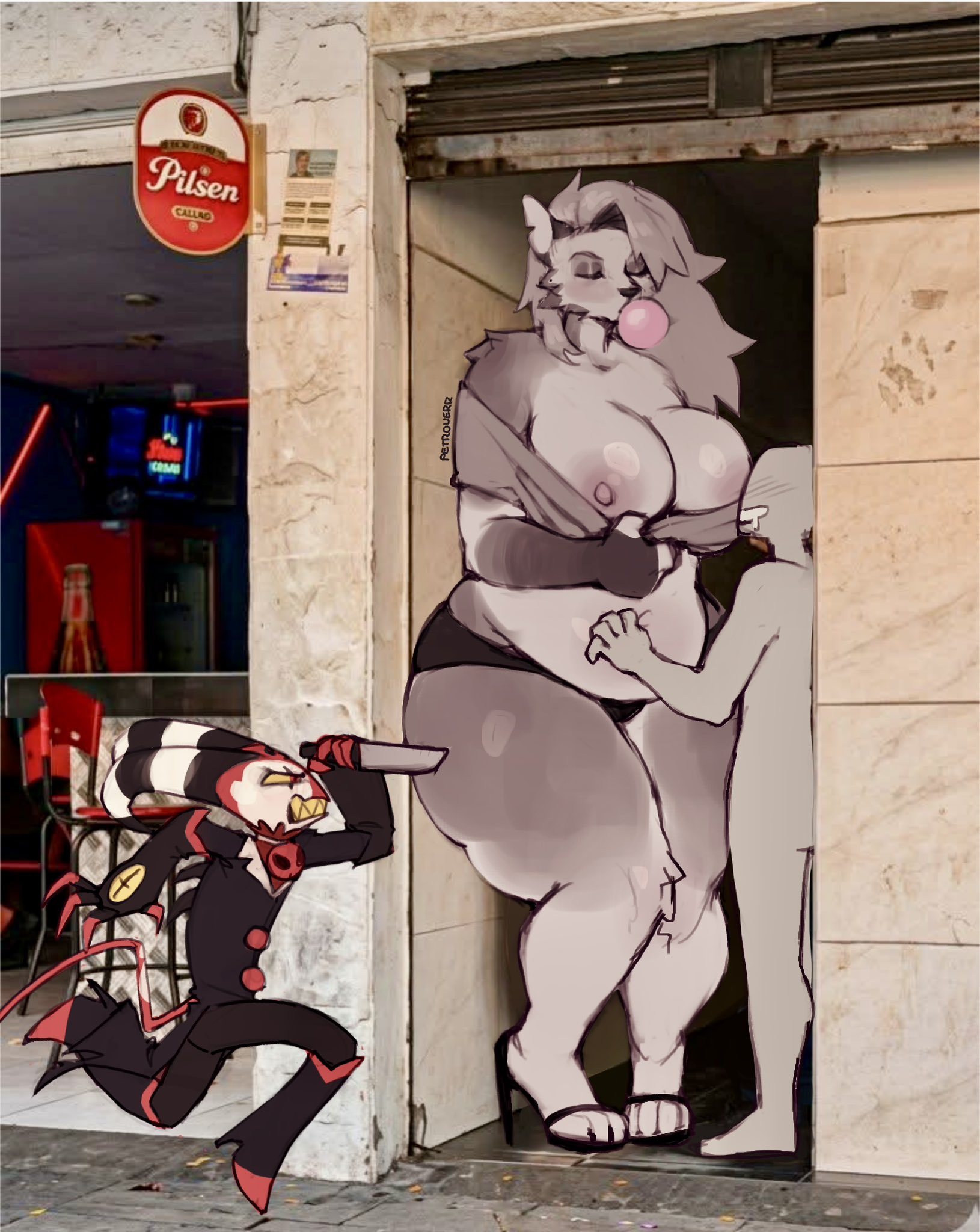 1girls, 2boys, alleyway milf (meme), anon, anthro, big ass, blitzo (helluva boss), colombia, helluva boss, huge breasts, large breasts, larger female, loona (helluva boss), male, medellin, colombia, petroverr, photo background, photo-referenced, pilsen callao, size difference, taller female