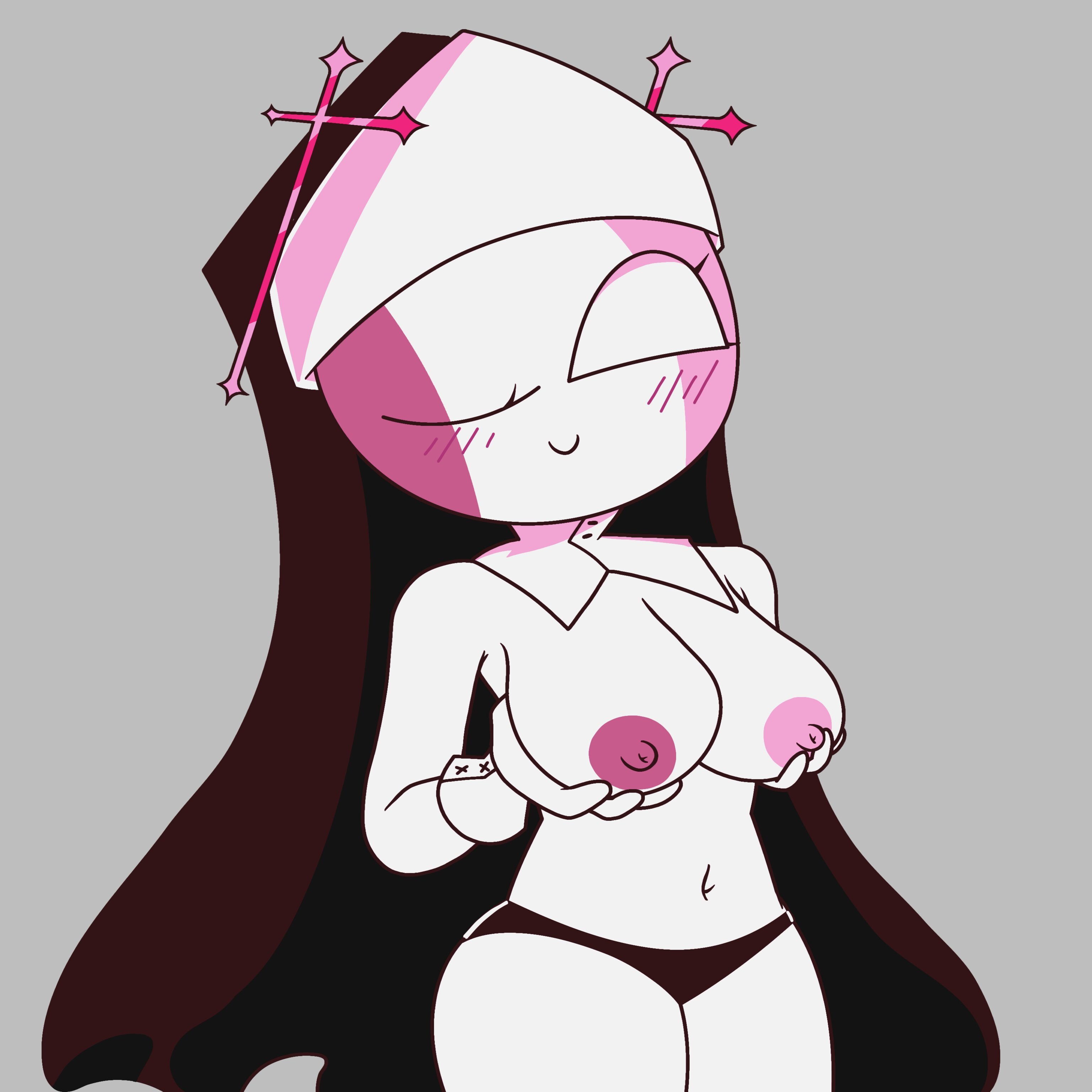 1girls, areolae, big breasts, blush, breast lift, breasts, c:, female, female only, friday night funkin, friday night funkin mod, gloves, grey background, inkasteca, looking at viewer, mid-fight masses, mostly nude, multicolored face, multicolored nipples, navel, nipples, nun, nun's habit, one eye closed, panties, sarvente (dokki.doodlez), smile, solo, tagme, white skin, wink, winking at viewer