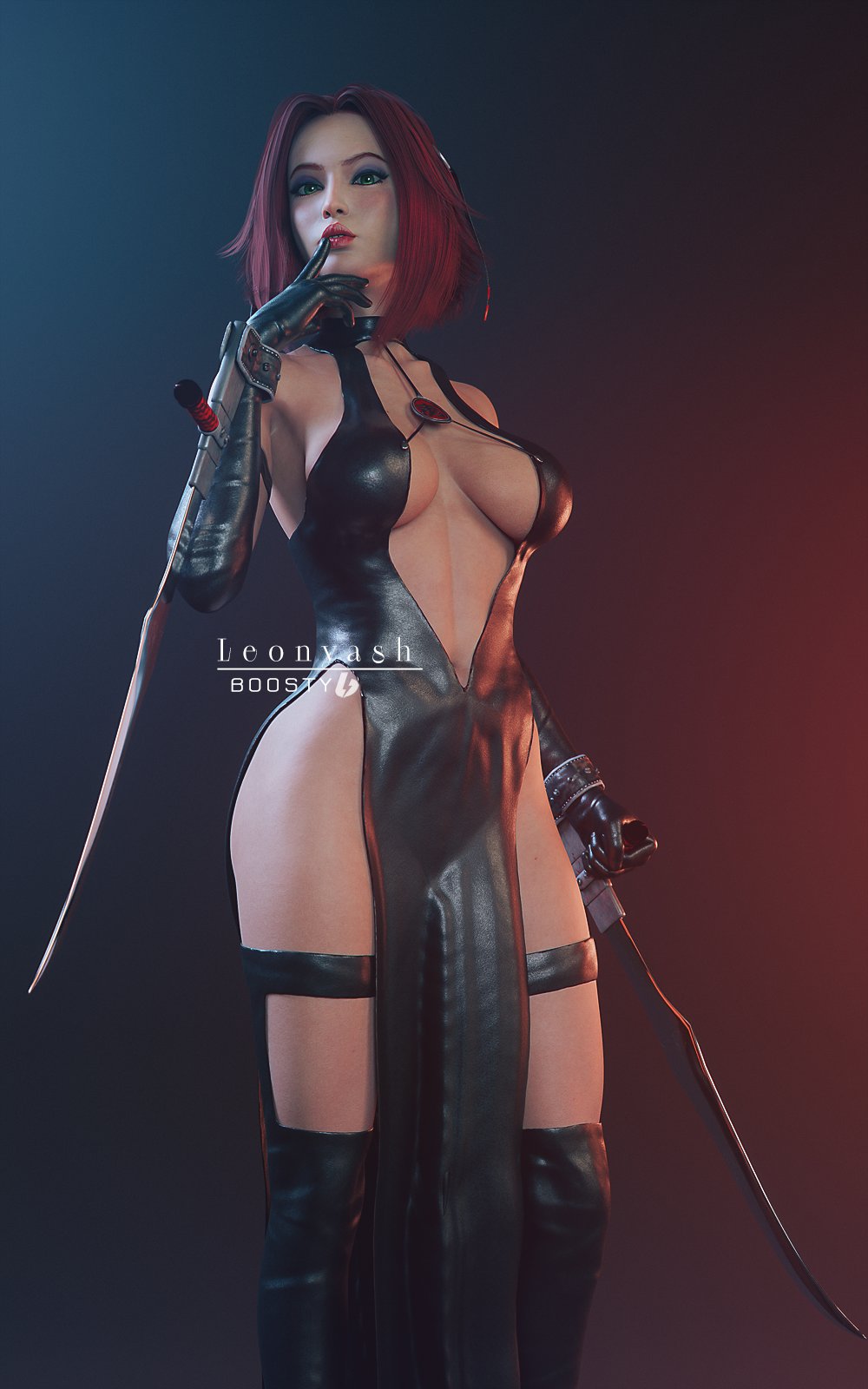 1girls, 2025, 3d, ass, auburn hair, big breasts, blade, bloodrayne, bloody weapon, breasts, cleavage, clothed, clothed female, deep cleavage, dhampir, dress, eyeliner, eyeshadow, female, female only, finger on lip, front view, glossy lips, gloves, green eyes, hair ornament, half-vampire, halter dress, knee high boots, knee highs, kneehigh boots, kneehighs, leather gloves, legs apart, leonyash3d, loincloth dress, long sleeve gloves, looking at viewer, medium hair, navel, purple eyeshadow, rayne, red hair, side slit dress, simple background, skimpy, skimpy clothes, skimpy dress, solo, standing, vampire, vampire girl