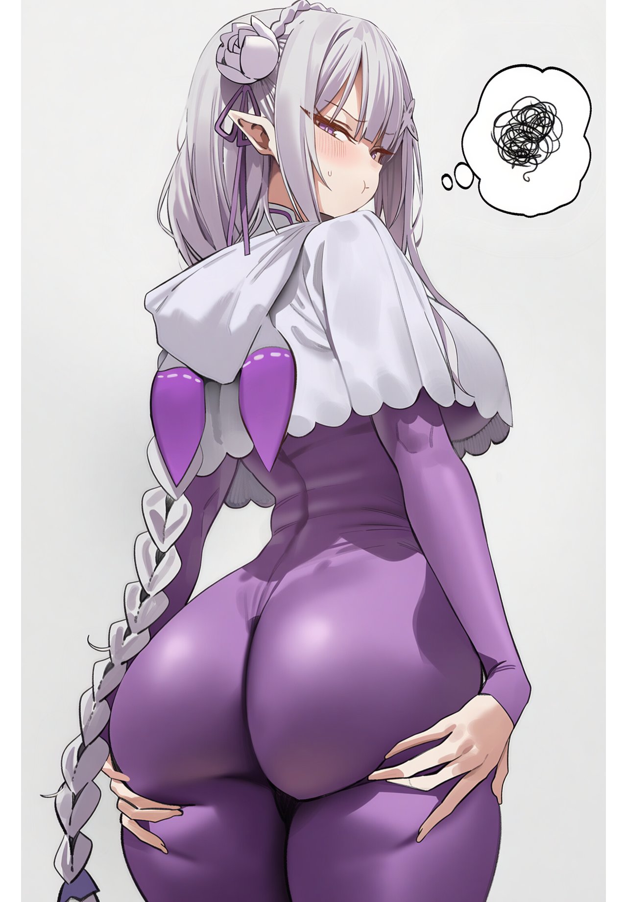 1girls, ai assisted, ai generated, ass, breasts, emilia (re:zero), female, female focus, female only, fring853, large ass, large breasts, light skin, light-skinned female, looking at viewer, looking back, re:zero kara hajimeru isekai seikatsu, solo, thick thighs, thighs, white cloak, wide hips